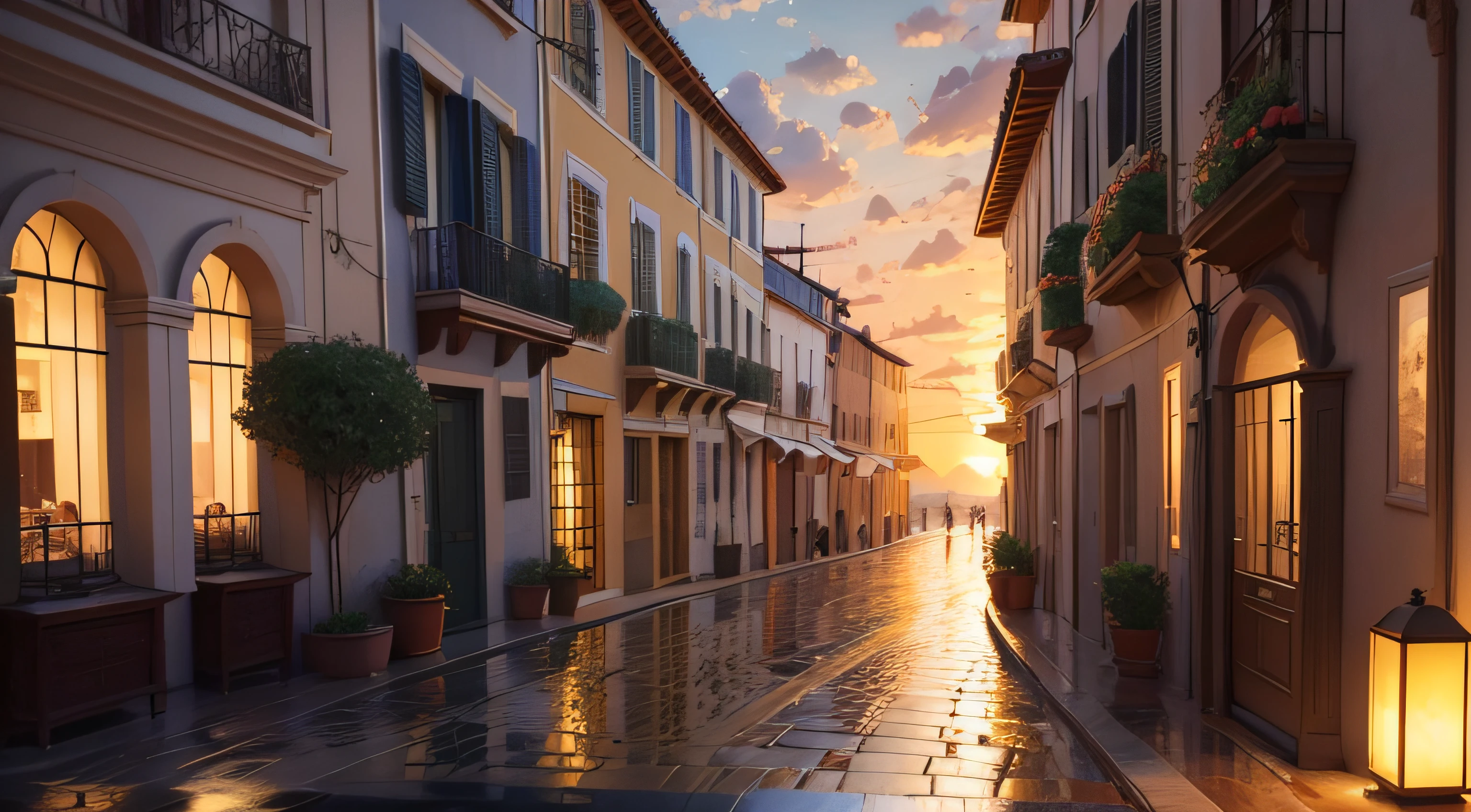 Oil painting of a sunset in a Mediterranean city on the seashore, with many flowers and no people, The afternoon is rainy and you can see the sun, Elegant atmosphere, many details, Render Lumion 8K, Render the architecture of the unreal engine , many details, Yellow cinematic lighting in warm tones, Image in the style of an impressionist oil painting, Muchá, Manet Cézanne.