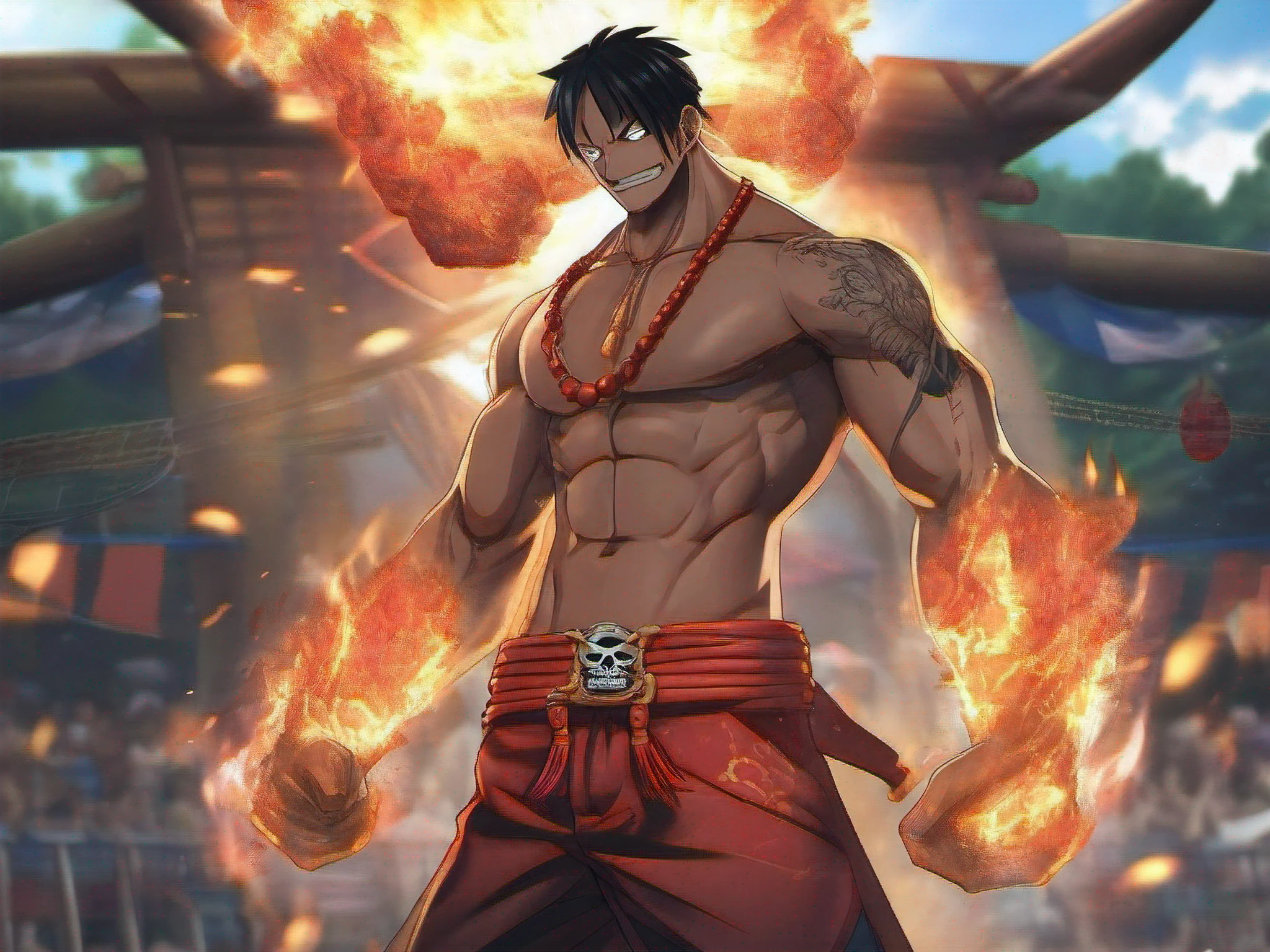 Masterpiece, epic quality, One Piece, strong muscles, shirtless male, ((looking at the audience)), (Red Bead Necklace: 1.4), (Goat Skull Pendant: 1.4), (Energy Burst: 1.4), (Fire Haunted: 1.4), blazing fire, solo, arm tattoo, black shorts, belt, summer beach, day, heat, playing volleyball