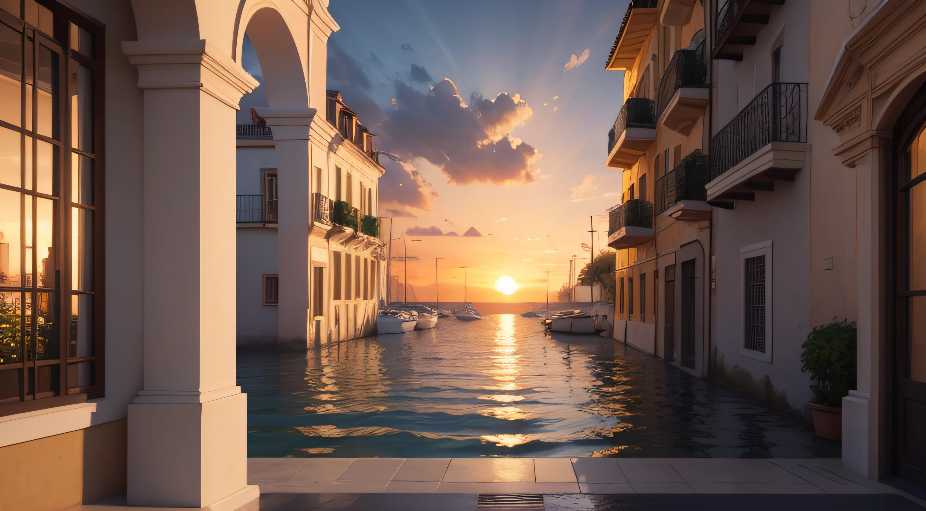 Oil painting of a sunset in a Mediterranean city on the seashore, with many flowers and no people, The afternoon is rainy and you can see the sun, Elegant atmosphere, many details, Render Lumion 8K, Render the architecture of the unreal engine , many details, Yellow cinematic lighting in warm tones, Image in the style of an impressionist oil painting, Muchá, Manet Cézanne.