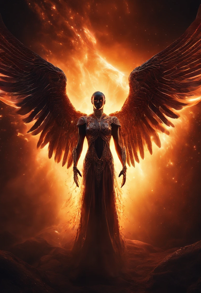 Cosmic Fallen Angel, glowing light eyes, Biomechanical, eerie, Creepy, nightmarish, Very bright colors, Light particles, with light glowing, Mshiff, wallpaper art, UHD wallpaper
