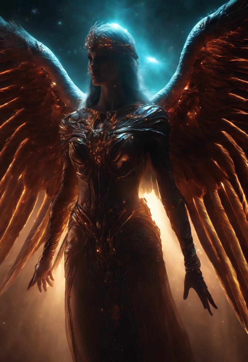 In the darkness, a woman's figure is illuminated by a circular light that frames her head, 18 year old angelic female, complete body, Caucasian skin, short, body, biomechanical body, bio mechanical arm's, curved lips, long fire hair, bio mechanical legs, battle Valhalla background, ultra detailed lighting, larg anglic wings, ultrarealistic, 8k, neon sapphire eyes,
