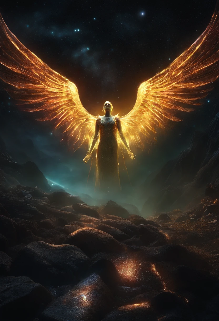 Cosmic Fallen Angel, glowing light eyes, Biomechanical, eerie, Creepy, nightmarish, Very bright colors, Light particles, with light glowing, Mshiff, wallpaper art, UHD wallpaper