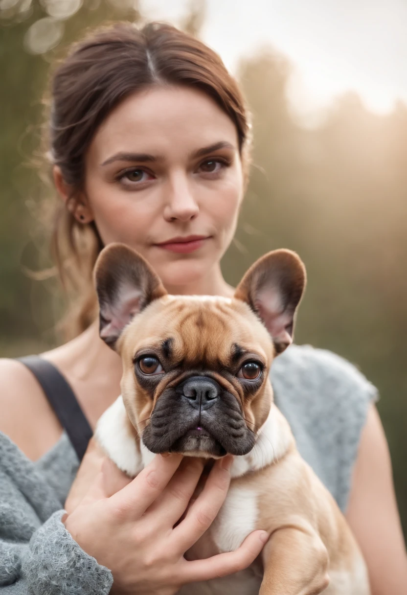 a brown-haired woman holding a French bulldog