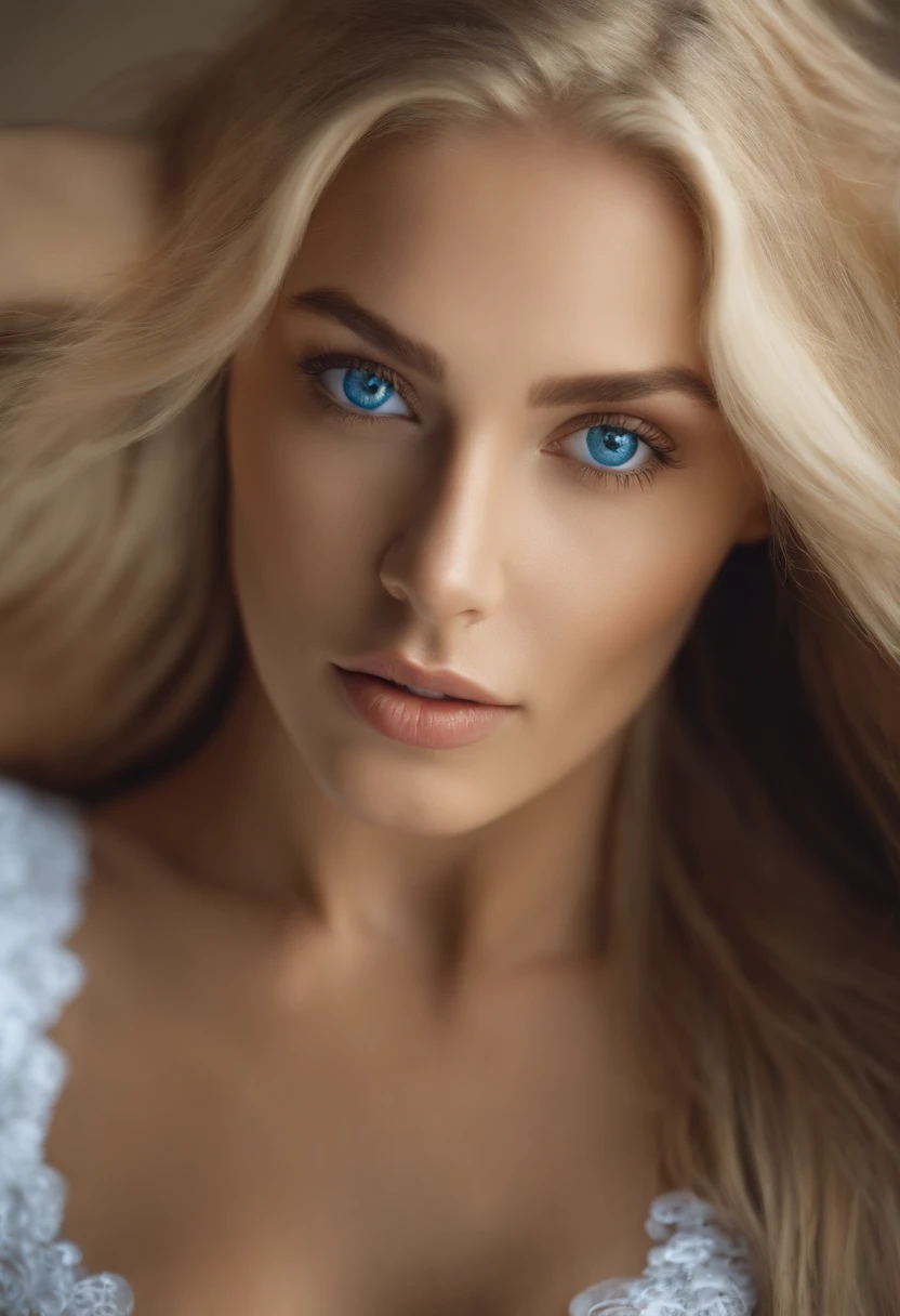 A beautiful naked young woman, white, blonde, long straight hair, blue eyes, big breasts, has some moles on her body, realistic shot, ultra sharp focus.