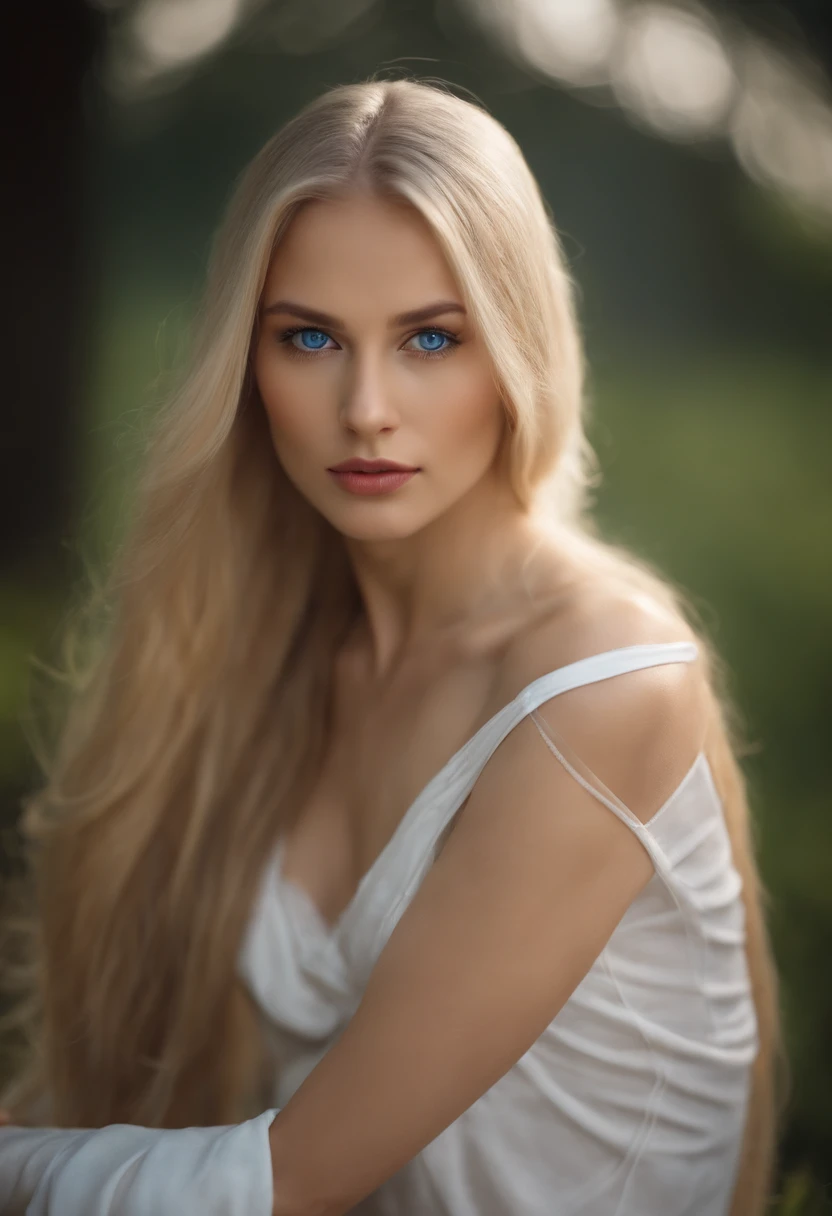 A beautiful naked young woman, white, blonde, long straight hair, blue eyes, big breasts, has some moles on her body, realistic shot, ultra sharp focus.