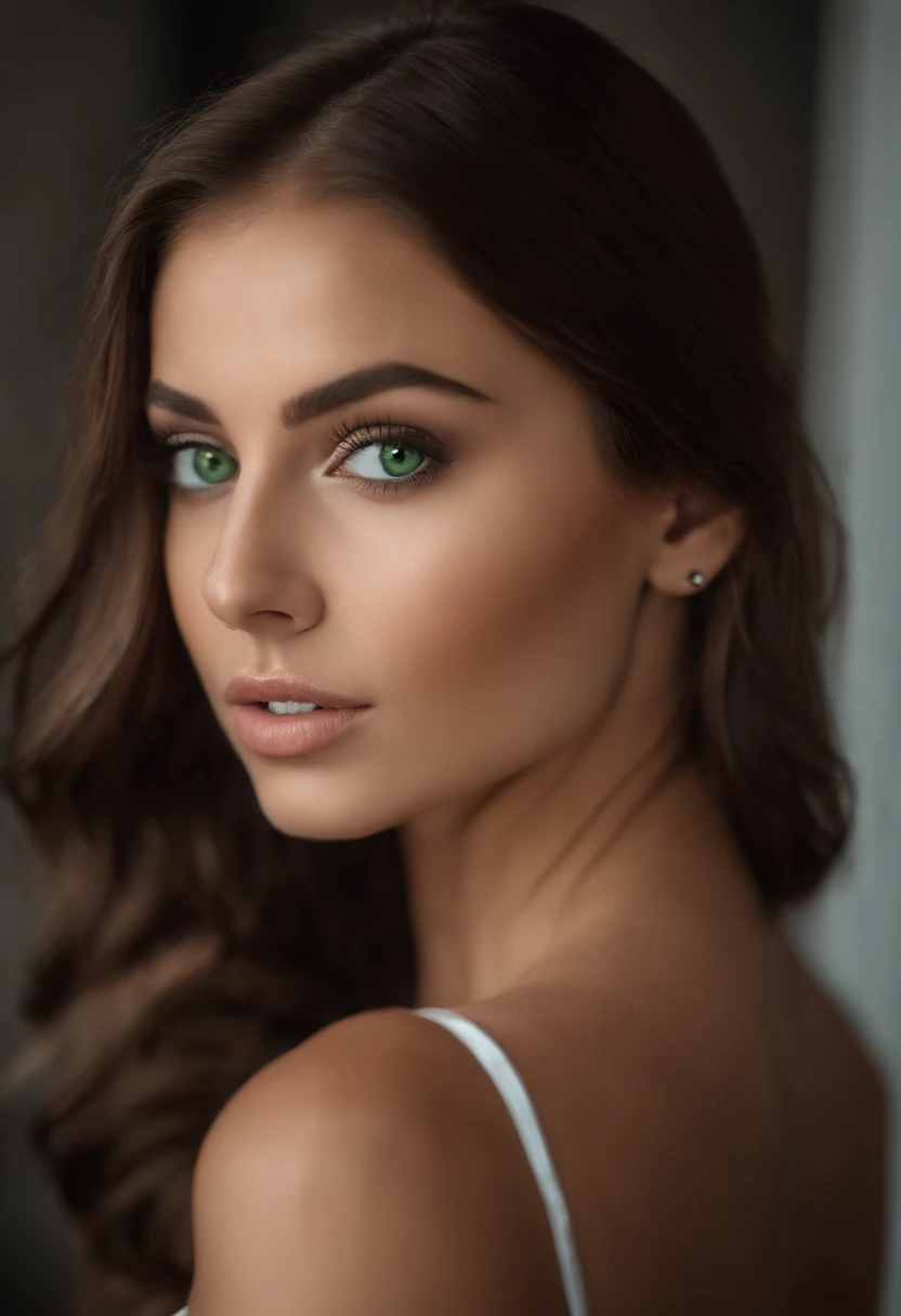 Arafed woman with white tank top and necklace, Sexy girl with green eyes, portrait sophie mudd, brown hair and big eyes, Selfie einer jungen Frau, Augen im Schlafzimmer, Violet Myers, ohne Make-up, Natural makeup, Blick direkt in die Kamera, Gesicht mit Artgram, dezentes Make-up, Stunning full body shot, piercing green eyes