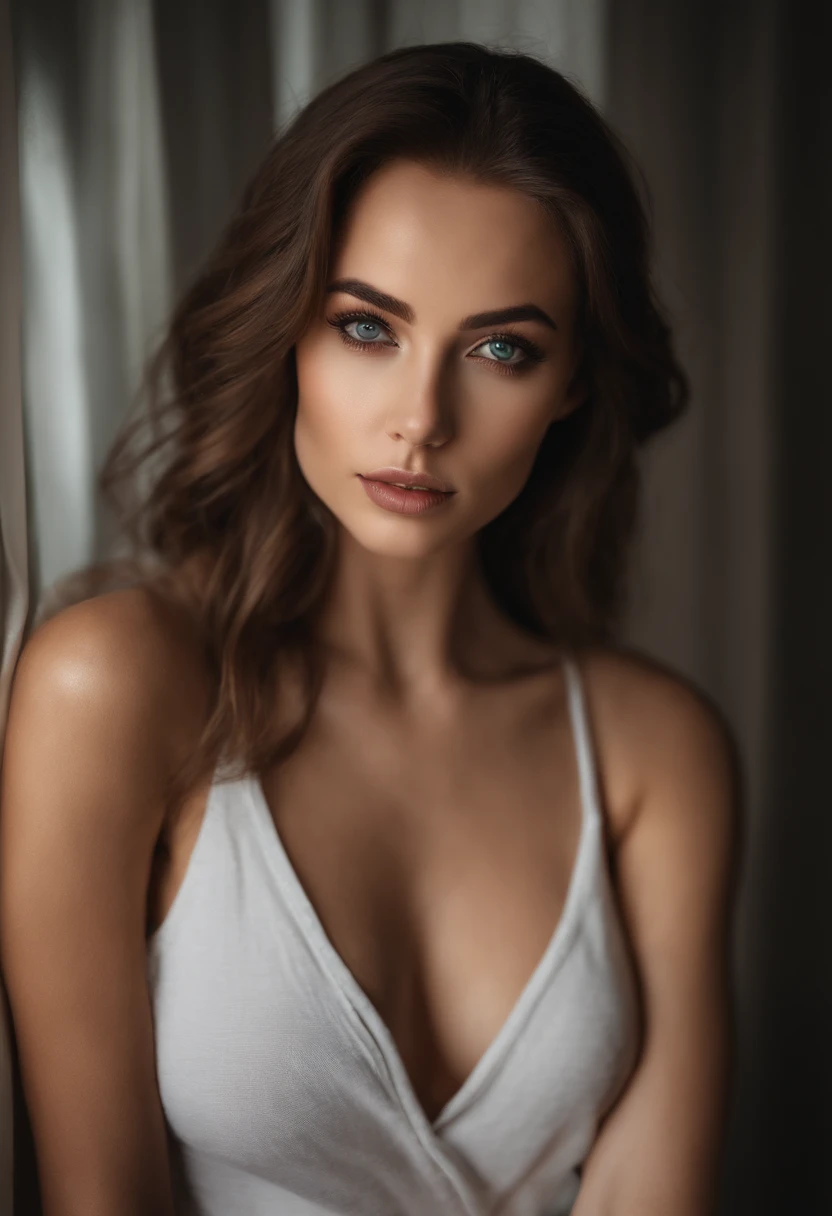Arafed woman with white tank top and necklace, Sexy girl with green eyes, portrait sophie mudd, brown hair and big eyes, Selfie einer jungen Frau, Augen im Schlafzimmer, Violet Myers, ohne Make-up, Natural makeup, Blick direkt in die Kamera, Gesicht mit Artgram, dezentes Make-up, Stunning full body shot, piercing green eyes