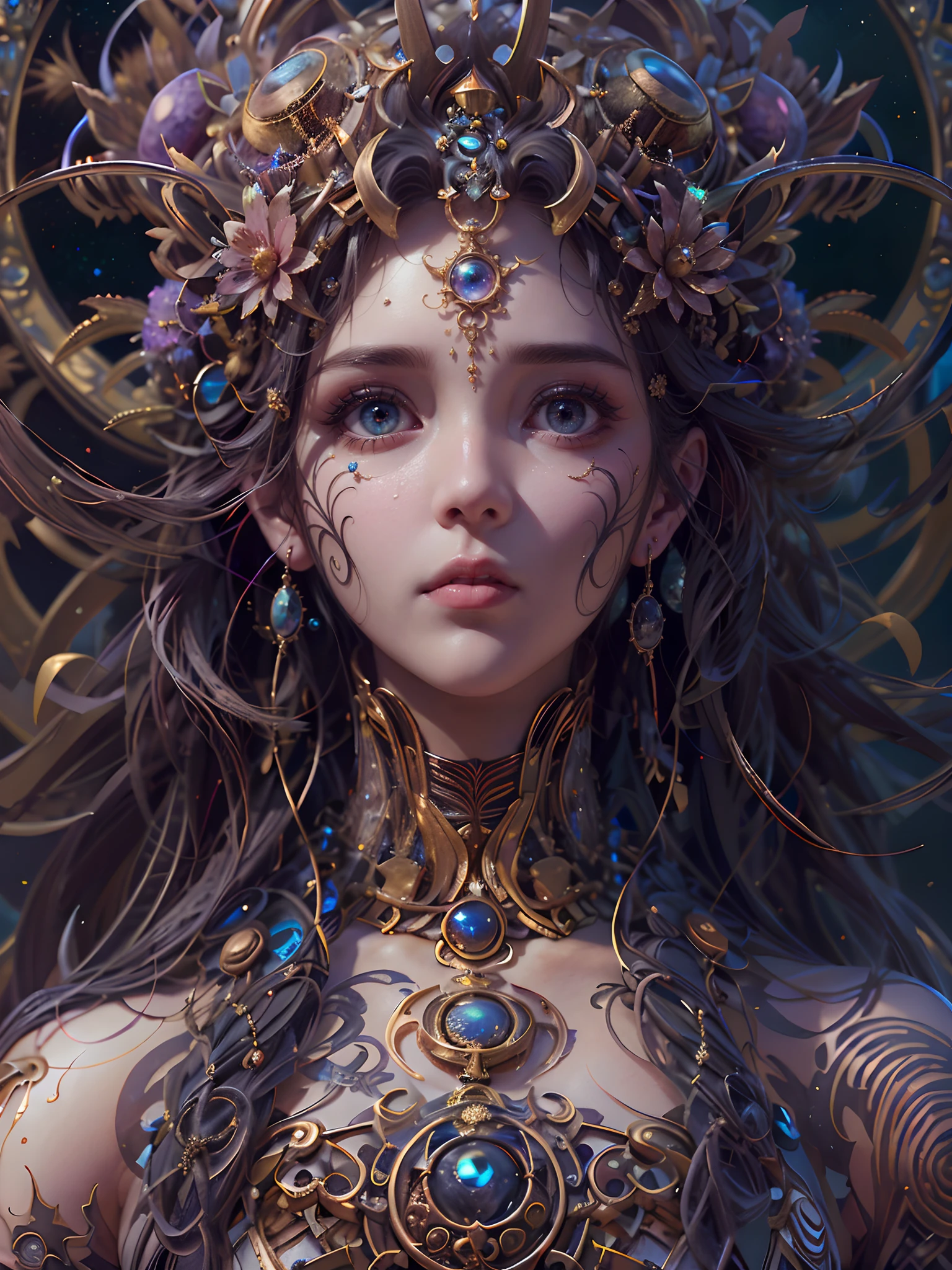 （best qualtiy，ultra - detailed，Most Best Illustration，Best shadow，tmasterpiece，A high resolution，professionalartwork，famousartwork），Detailed eyes，beautidful eyes，closeup cleavage，sci-fy，colored sclera，Robot eyes，face markings，Tattooed with，（fractalized，Fractal eyes），largeeyes，Wide eyes，（Eye focus），sface focus，Cosmic eyes，Space eyes，Close-up of metal sculpture of a woman with a moon in her hair，goddes。extremly high detail，3 d goddess portrait，Extremely detailed footage of the goddess，a stunning portrait of a goddess，Side image of the goddess，portrait of a beautiful goddess，Full body close-up portrait of the goddess，hecate goddess，portrait of a norse moon goddess，goddess of space and time