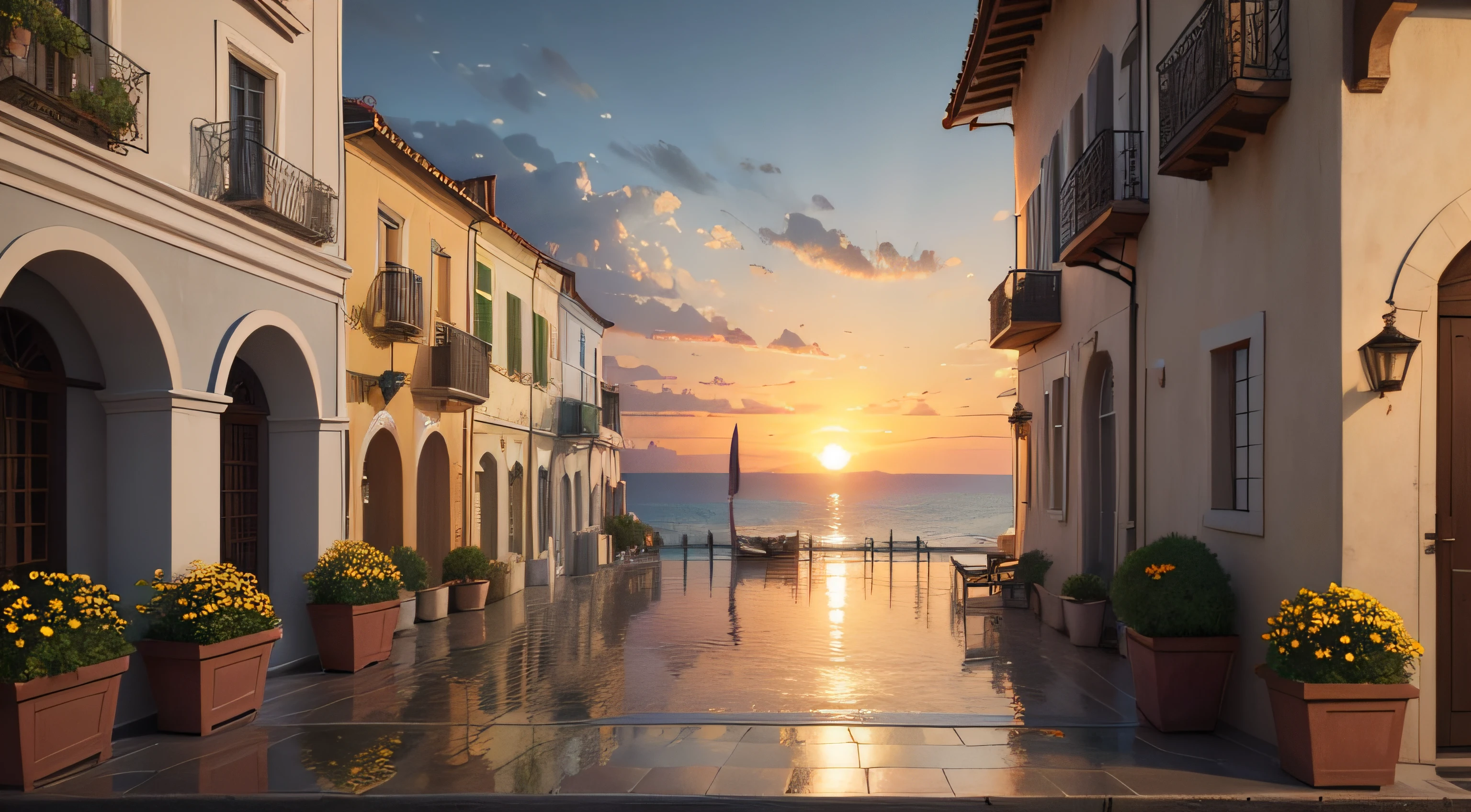 Oil painting of a sunset in a Mediterranean city on the seashore, with many flowers and no people, The afternoon is rainy and you can see the sun, Elegant atmosphere, many details, Render Lumion 8K, Render the architecture of the unreal engine , many details, Yellow cinematic lighting in warm tones, Image in the style of an impressionist oil painting, Muchá, Manet Cézanne.