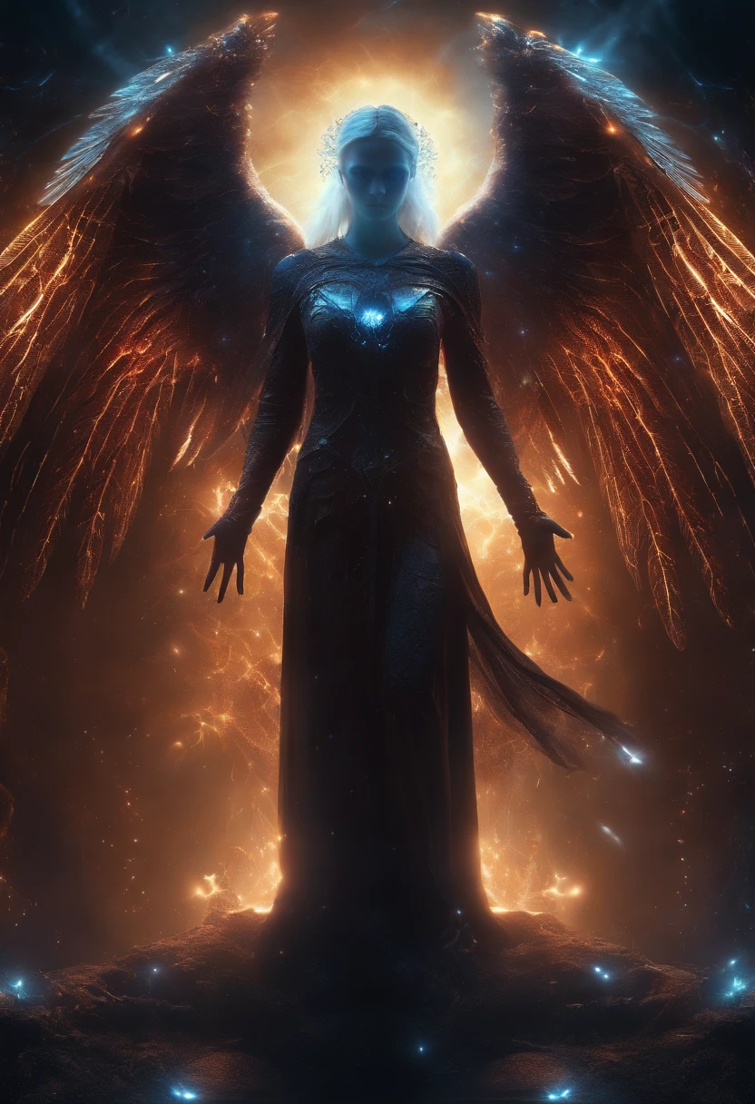 Cosmic Fallen Angel, glowing light eyes, Biomechanical, eerie, Creepy, nightmarish, Very bright colors, Light particles, with light glowing, Mshiff, wallpaper art, UHD wallpaper