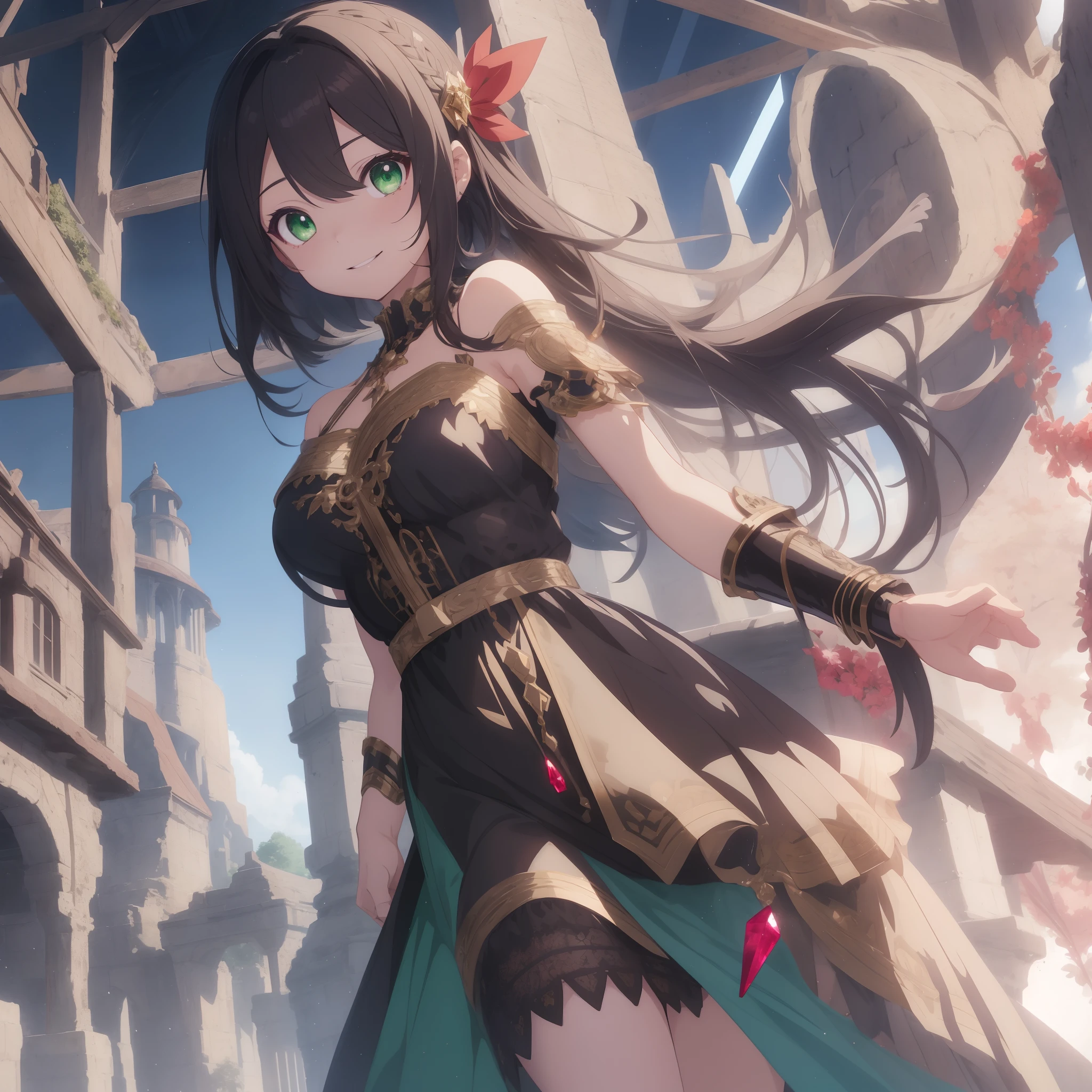 Ancient civilizations of ancient times、A dense and esoteric machine that cannot be reproduced now、Emerald crystal clear eyes、Light green shoulder strap long dress、The dress is studded with several red ruby jewels、an anime girl, smil、thick eyebrow、Hairstyle with visible forehead、gold circlet、Close one eye、Mischievous smile、Jet-black wings、、short hair - curly、fairy tale world、Smooth Anime CG Art,Chest、Beautiful luster、watercolor paiting、Detailed Digital Animation Art,Half Up Hair、Circlet adorned with jewels、Portrait anime girl rendering、Transparent anime art, Anime visuals of cute girls、Drawn in an anime studio, Cute 2D anime girl rendering、Background masterpiece、Artistically、Viewpoint from a distance