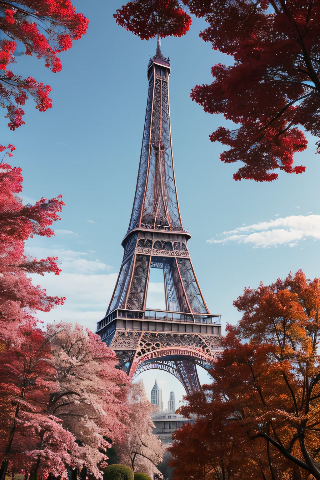 ((obra prima)) paisagem ultra realista, close up em uma (rosa vermelha) com a Torre Eiffel de fundo, inverno