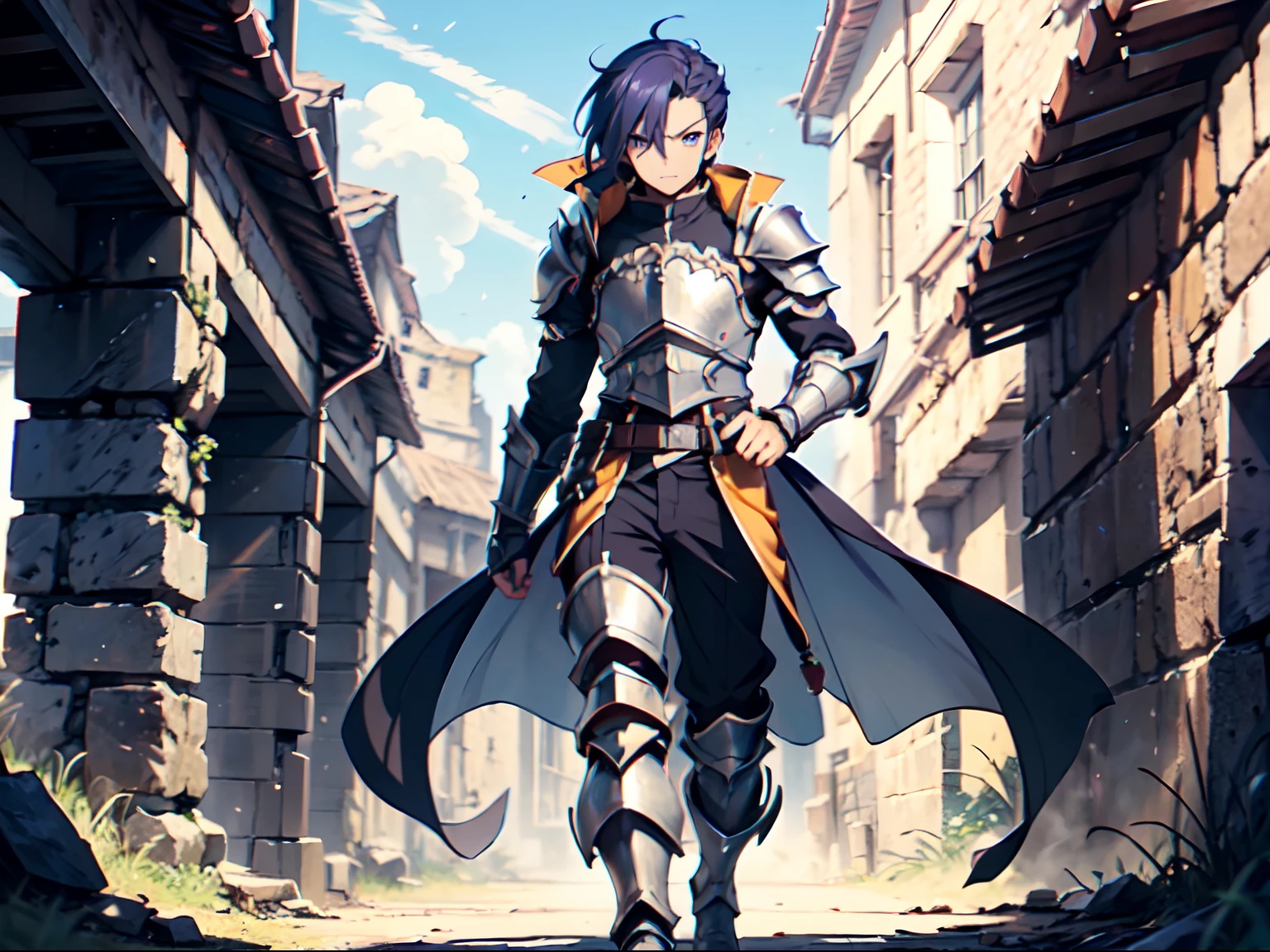 Ultra High Definition, Ultra High Quality, Extremely Detailed, 8k, 1 Boy, Rudeus Greyrat From Mushoku Tensei Anime, Handsome, Armored With War General Armor, Pure Purple Pupil Eyes, Long Haired Tied With Chinese Hairpin, Body To Legs Body Shot, Ancient Ruins Background,