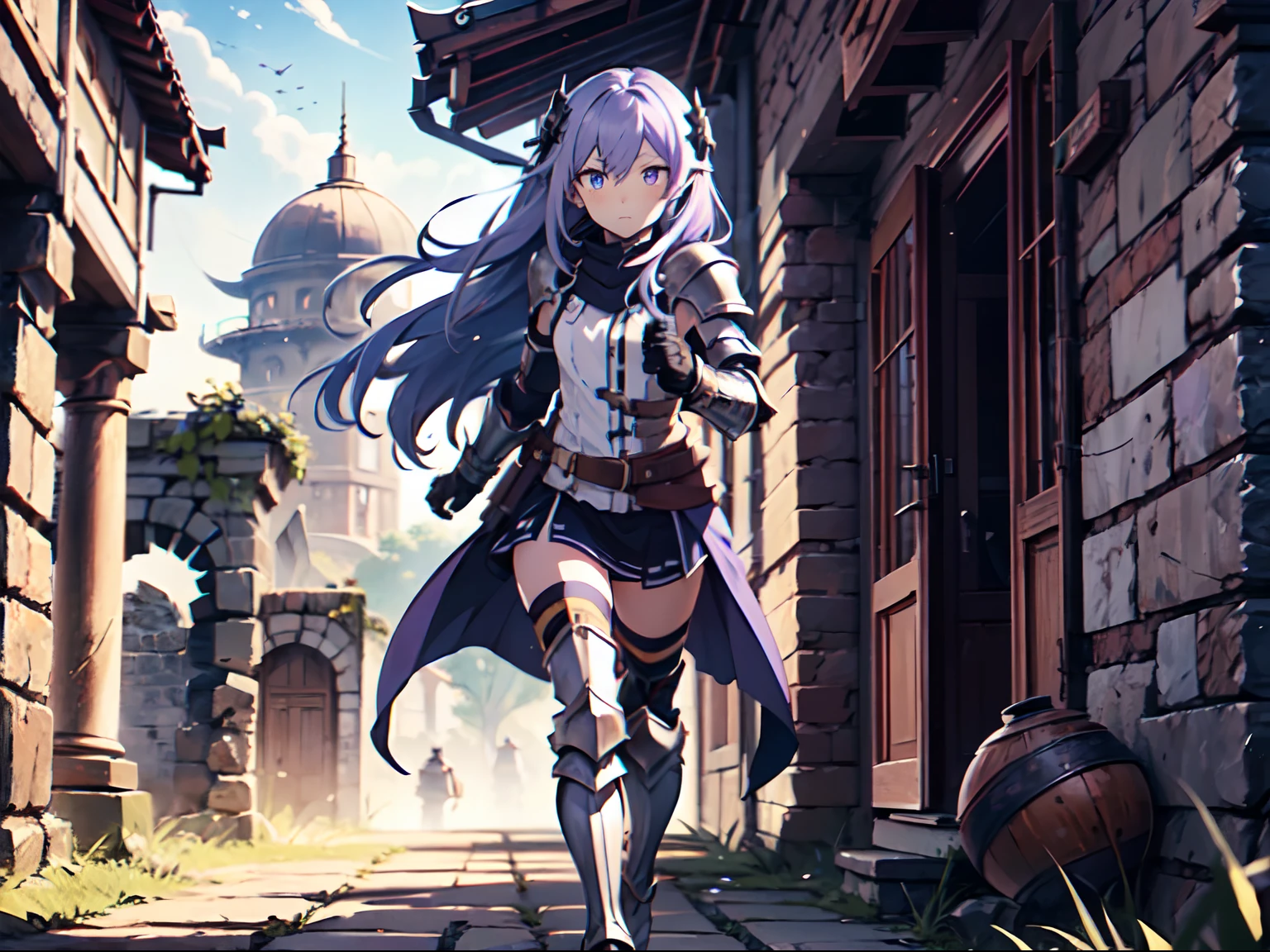 Ultra High Definition, Ultra High Quality, Extremely Detailed, 8k, 1 Boy, Rudeus Greyrat From Mushoku Tensei Anime, Handsome, Armored With War General Armor, Pure Purple Pupil Eyes, Long Haired Tied With Chinese Hairpin, Body To Legs Body Shot, Ancient Ruins Background,