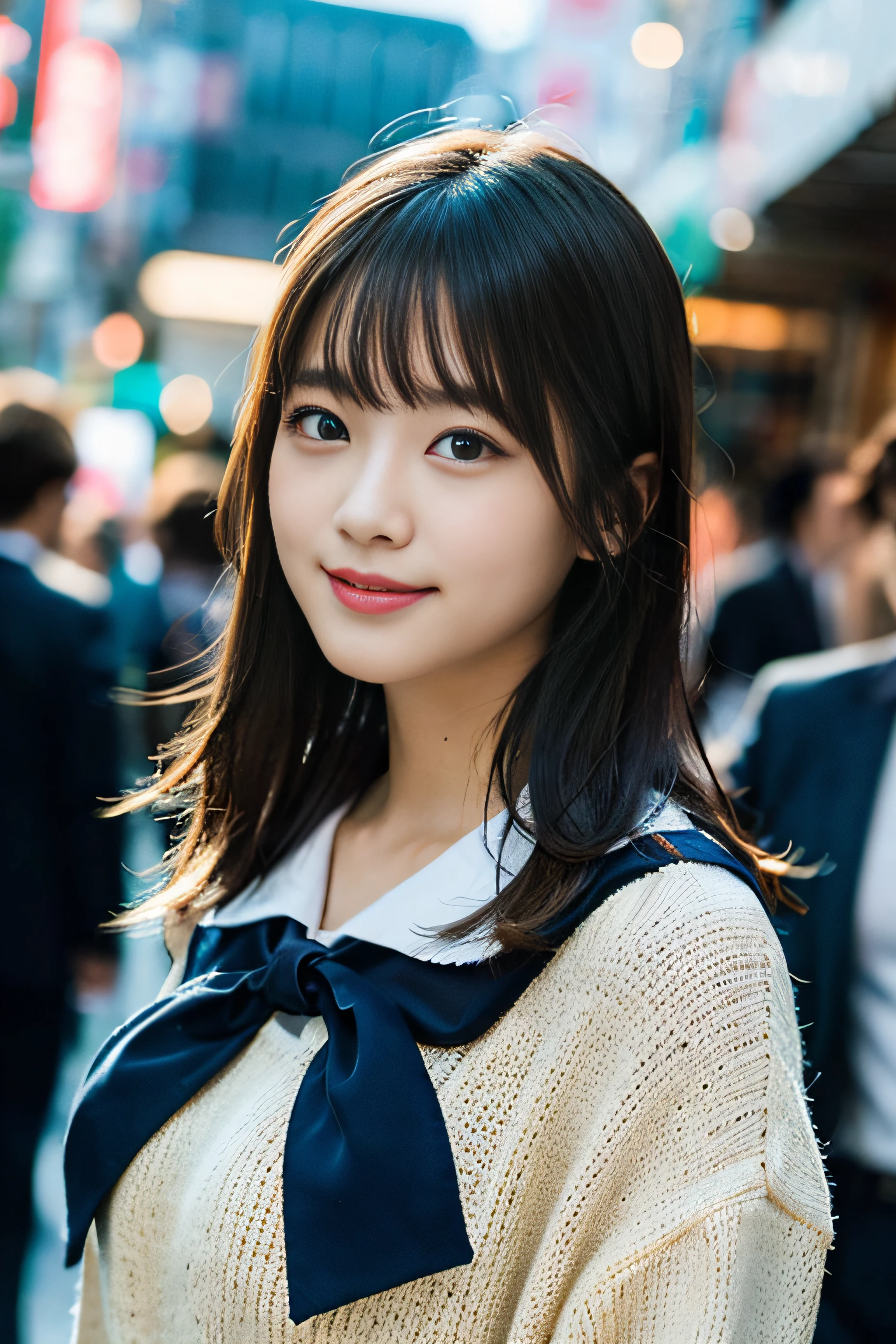 (8K、Raw photography、top-quality、​masterpiece:1.2)、(realisitic、Photorealsitic:1.37)、ultra-detailliert、超A high resolution、女の子1人、see the beholder、beautifull detailed face、A smile、Constriction、(Slim waist) :1.3)、Beautiful detailed skin、Skin Texture、Floating hair、Professional Lighting、Whole human body、Longhaire、a blond、japanese hight school uniform、hi-school girl、a sailor suit、Bob Hair、University、Happy smile、E Cup Breast、15yo student、Dark blue skirt、white thighhig、bus stop、In the street