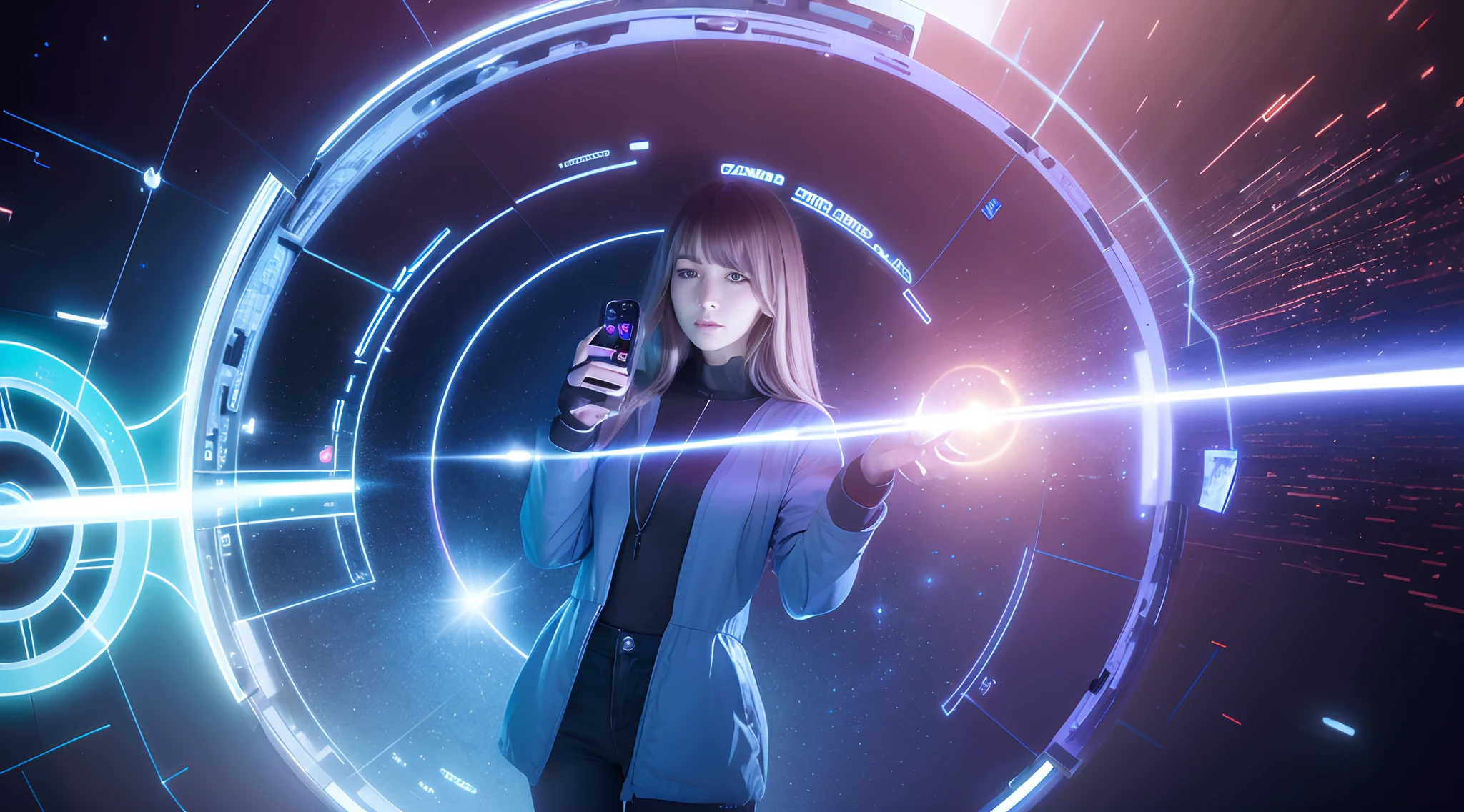 Une femme smartphone dans la main (premier plan) Controls the ignition of a dimensional portal (Second plan). Smartphone futuriste, portails entre les dimensions, Passerelle vers un autre univers, Portal to the Ethereal Kingdom(8k, Hdr, futuriste, Realstic)