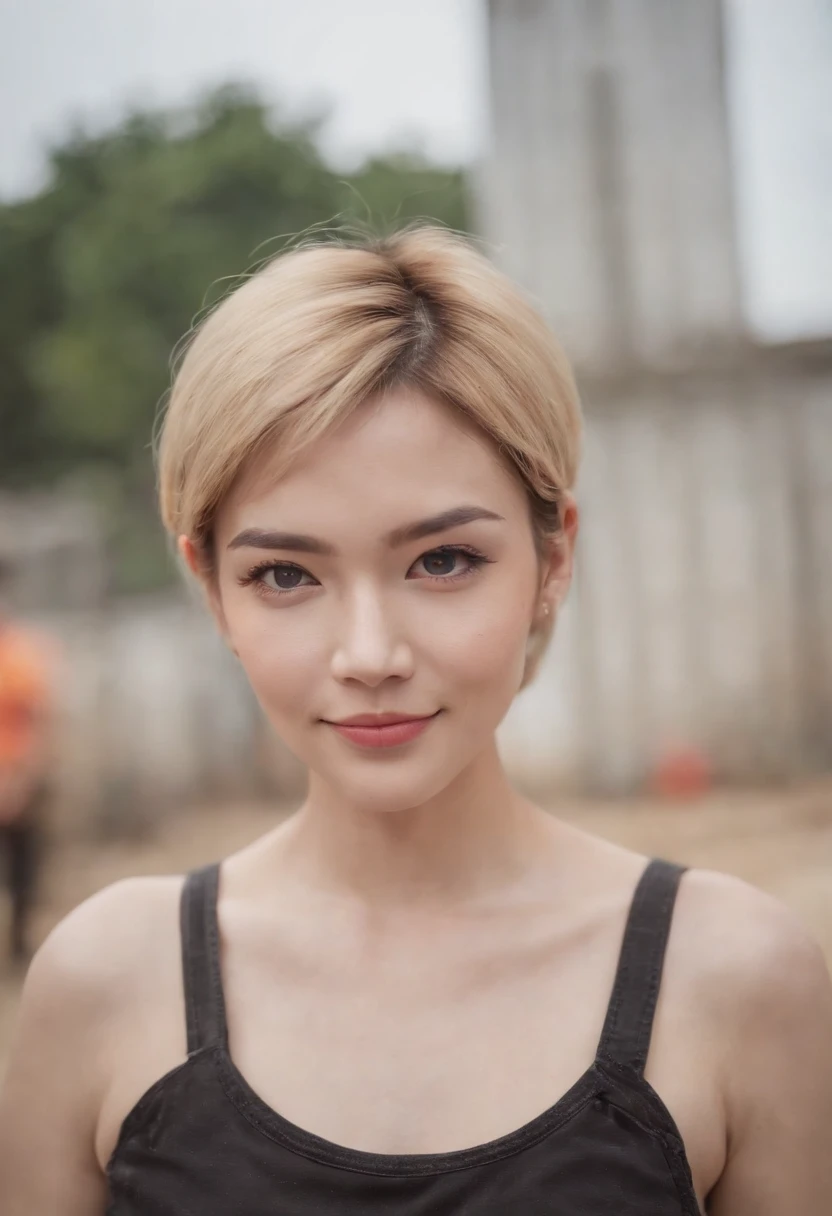 Not facing this way、Work clothes at construction site、Solo Shot、Short Hair Gal、Blonde Gal、Age spots on the skin、Tattoo visible、heavy eye makeup、The best smile、