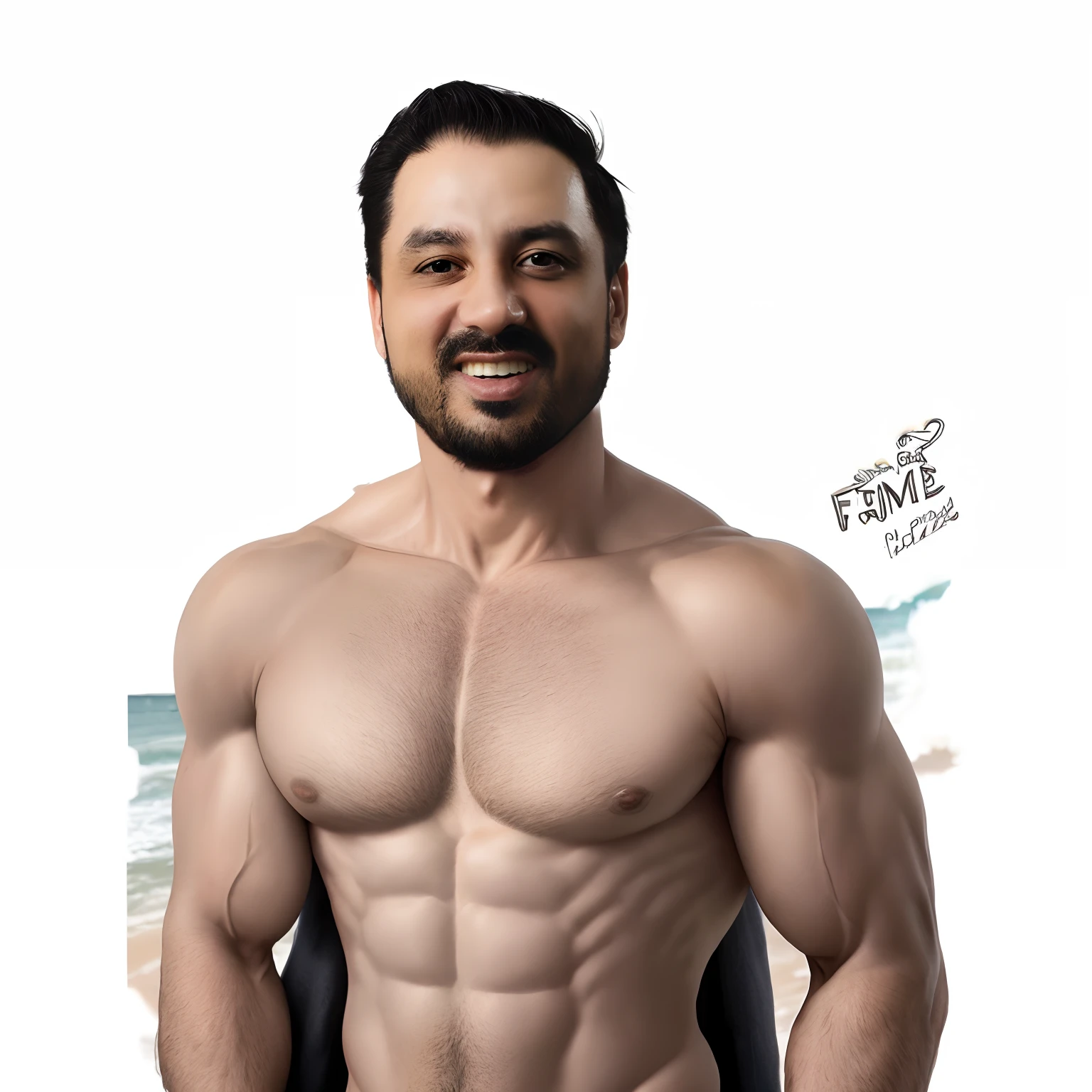 Homem forte, sem camisa com o fundo de uma praia