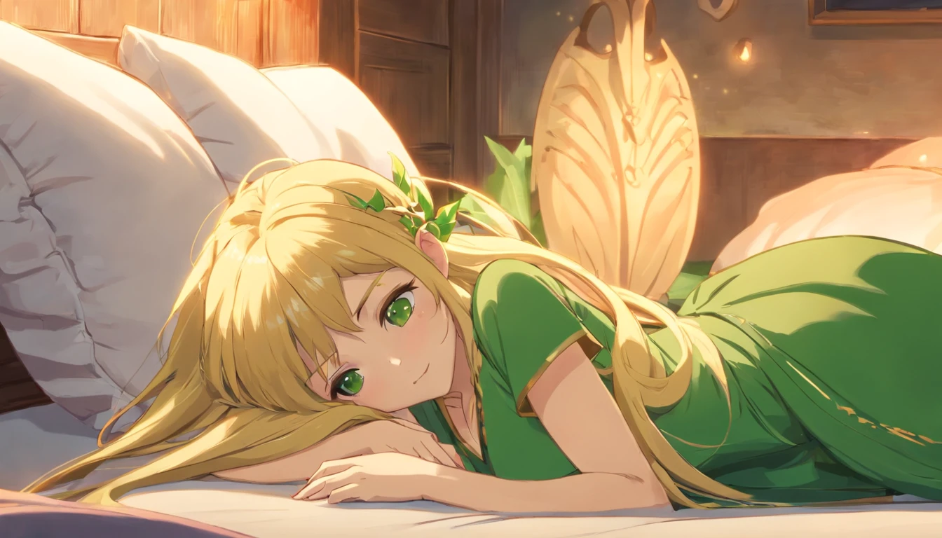 Elf woman with long blonde hair, pointed ears, long green dress with a low neckline, large breasts, is lying on a bed with her hands on her face.