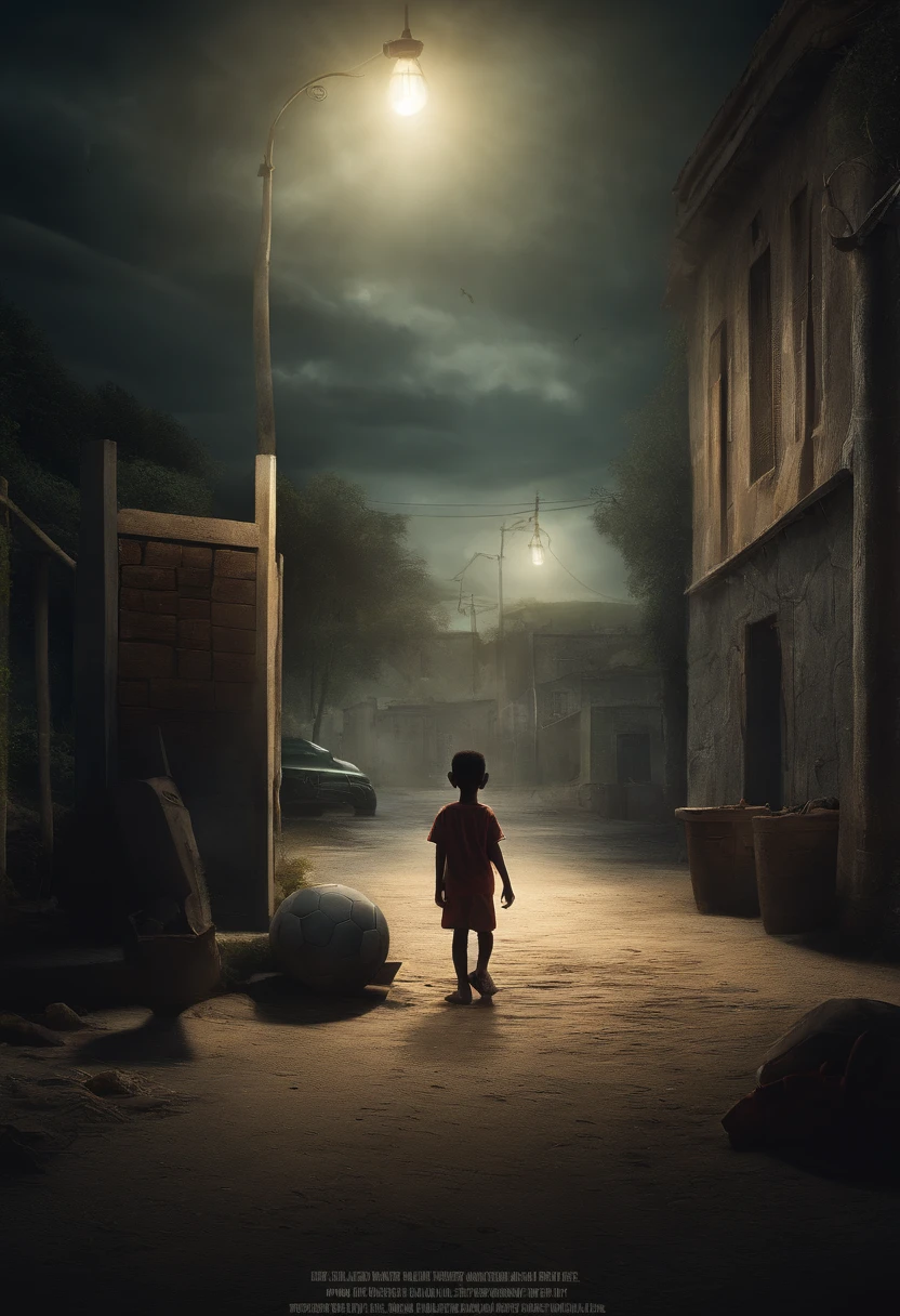 Generate a dark and ominous setting for the story of Dudu, an 8--old who dreams of becoming a soccer player despite facing various challenges. The setting should reflect the struggles and adversities Dudu encounters on his journey to achieve his dream. Incorporate elements from the story, such as the monsters representing financial difficulties, distance, and hunger, as well as Dudu's determination and newly discovered superpowers related to soccer.
Create a scene that portrays a sense of foreboding and adversity, with shadows, eerie lighting, and an atmosphere that conveys the presence of the monsters. Make sure the setting evokes a feeling of tension and the determination of the character to overcome these obstacles.
I'm excited to see a visual representation of this dark and ominous setting that captures the essence of Dudu's challenging journey. Thank you!