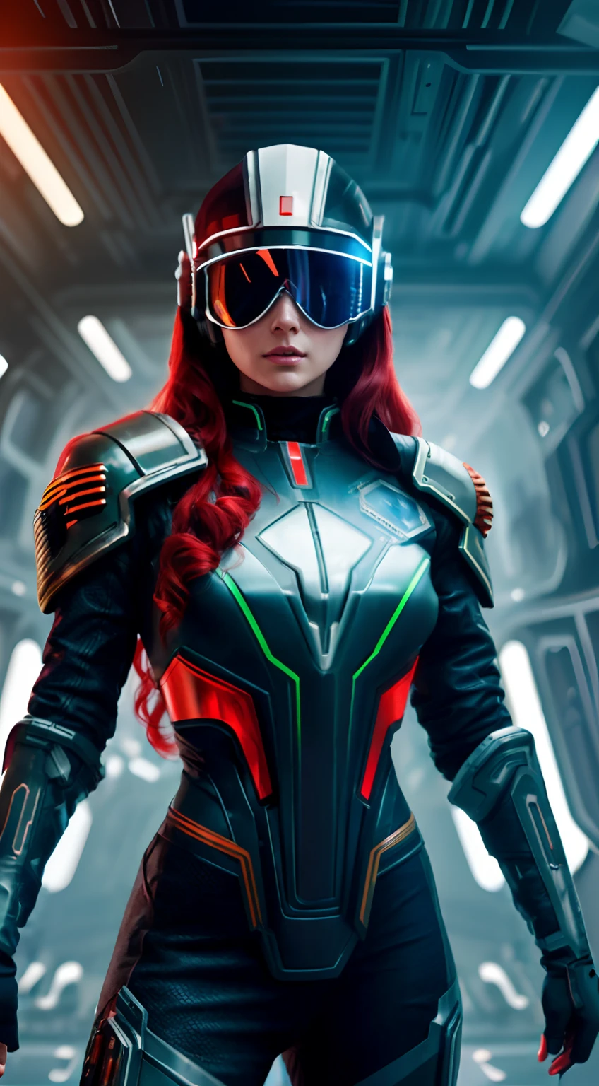 a russian woman in a futuristic outfit and goggles poses for a photo, clothed in sci-fi military armor, epic sci-fi character art, messy long hair, red hair, realistic photo, UHD, futuristic clothing and helmet, highly detailed, cyberpunk background, 8k, science fiction, cyber, cinematic, dark lighting, perfect object