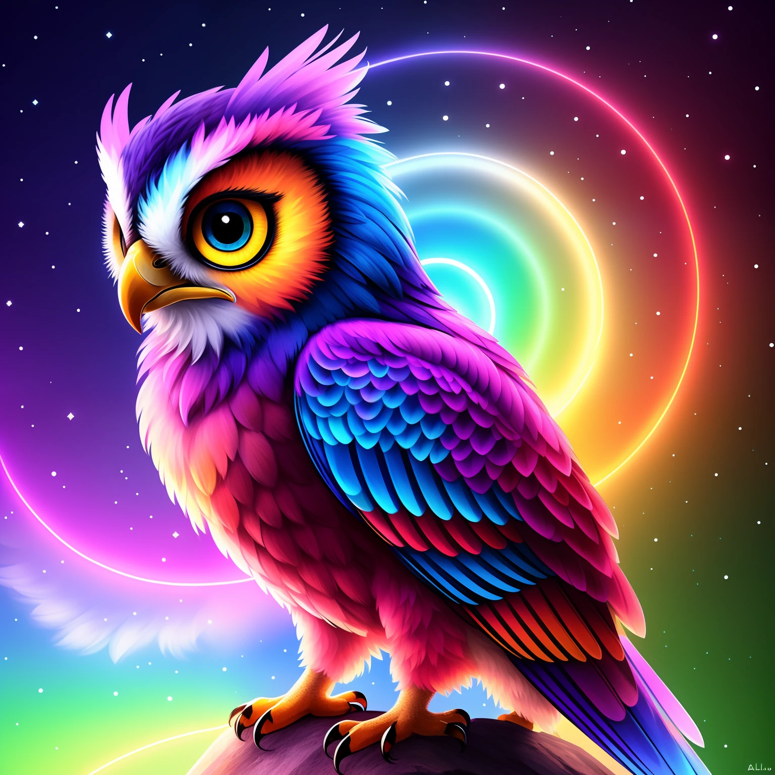 painting of a colorful eagle with a glowing eye and a feathered head, alien owl, cute detailed digital art, radiant owl, art by alessandro pauasso, beautiful digital art, amazing digital art, highly detailed 4k digital art, beautiful digital art, cute owl , beautiful digital art, very beautiful digital art, highly detailed digital art, cute digital art