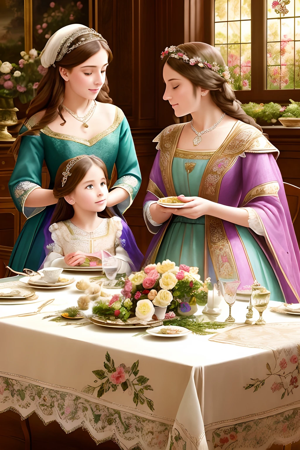 cartoon style (high resolution: 1.2),Happy moment, medieval mother and three daughters, go shopping at village market, cheer, bunnies and duck, beautiful detailed eyes, lush green garden, long flowing hair, traditional medieval clothes, castle in the background, soft natural light, portrait, realistic colors, tranquil atmosphere, immaculate details, classic oil painting, antique style, a moment frozen in time, subtle brushstrokes, vibrant hues, serene expressions, bond of love between mother and daughters , graceful poses, sunlight streaming through the trees, meticulous attention to detail, expression of tenderness and care, impressive depth and scale, majestic architecture, storybook atmosphere, caring presence of the mother, sparkling jewels and headdresses, triumphant but tender, antique tapestries and decorations, floral motifs and embroidery, draped fabrics and textures, delicate lace and ruffles, sumptuous banquet table in the castle, playful interaction between daughters, jewel-toned stained glass windows, flowers blooming lushly, butterflies and birds flutter around, stories and mysteries revealed, an enchanting tale of love and family.
