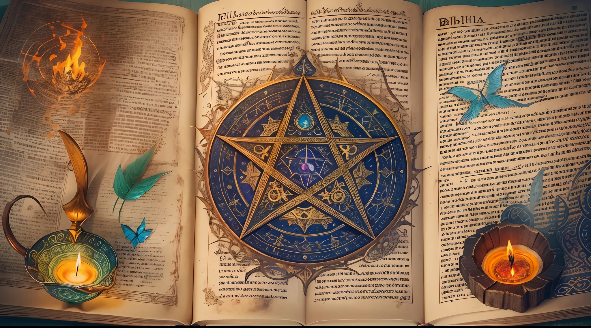 closeup of a witchcraft book, biblia sagrada, realista, realistc, simbolo wicca, velas, fogo chama azul, violeta, laranja sobre o livro, witchcraft symbols, magical holy book