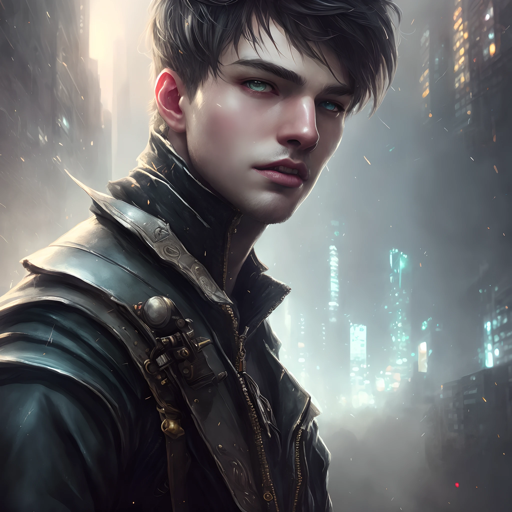 fantadsk2,1boy, masculine, male_focus, digital art by wlop, looking_at_viewer, close up, incredibly detailed, portrait, digital illustration, procreate, watercolor, fan art, foggy cinematic, cyberpunk, skyrim, final fantasy xiv, art by artgerm, wlop, fantadsk2