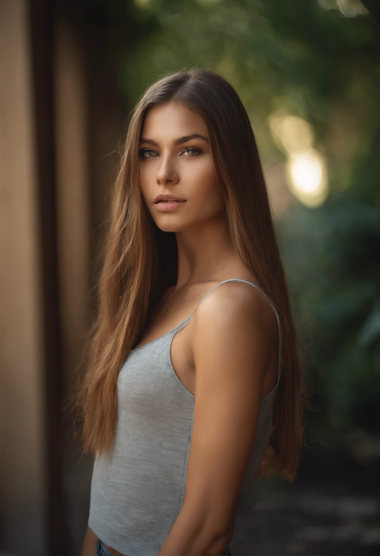 Natural photography of a girl, wearing a loose crop top, leaning over, long straight light brown hair, locks eyes into the camera, symmetrical eyes, symmetrical face, photorealistic, photography, path tracing, specular lighting, volumetric face light, path traced hair, visible shadows, intricate, elaborate, street art background