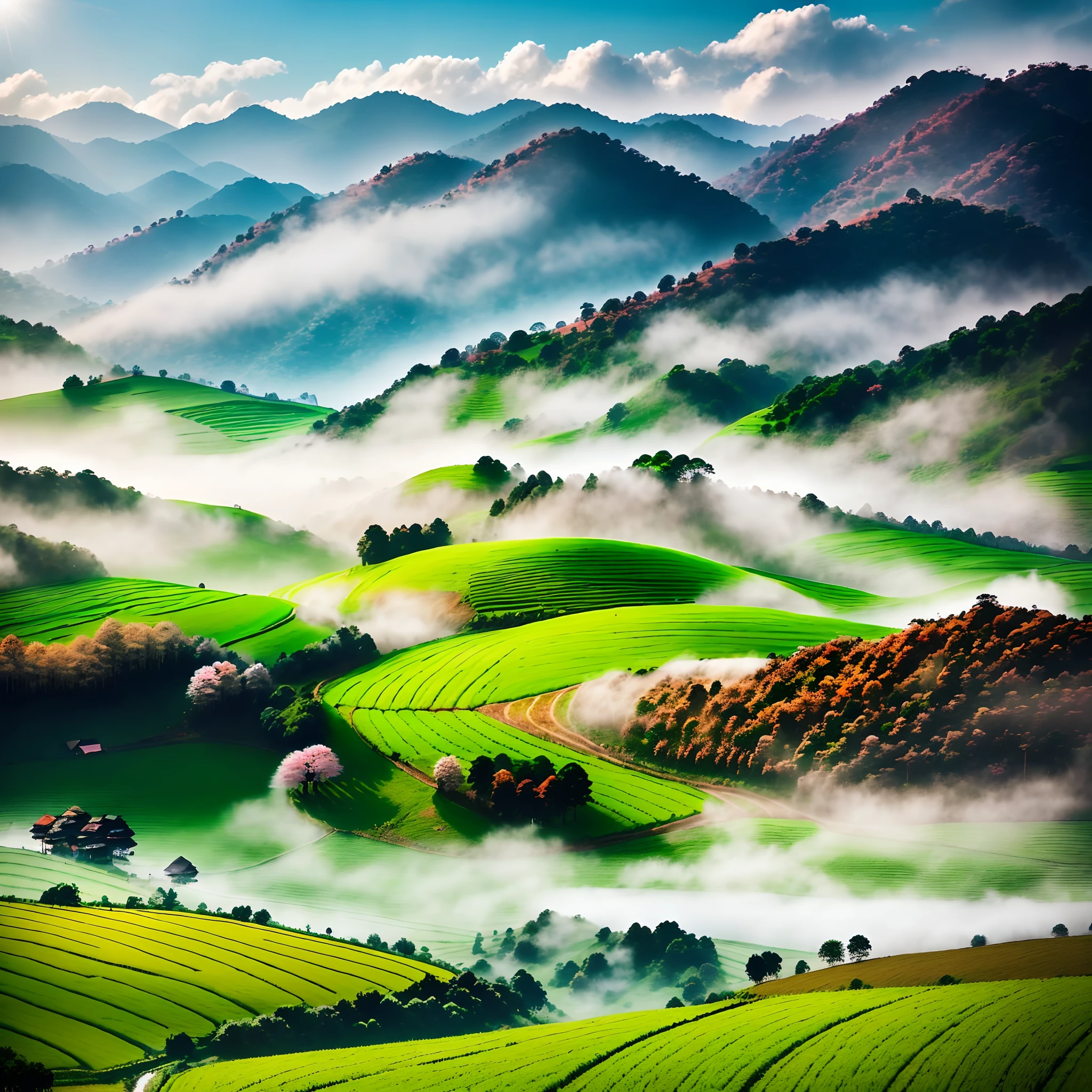 The agricultural crops of the Danu people in the southern township of Shan State are planted in the middle of hills, valleys, and flat land. In the middle of the fields, there are three big cherry blossom trees. The morning light and the white fog of winter cover the fields. Picture quality 4K. photo ratio 4:3