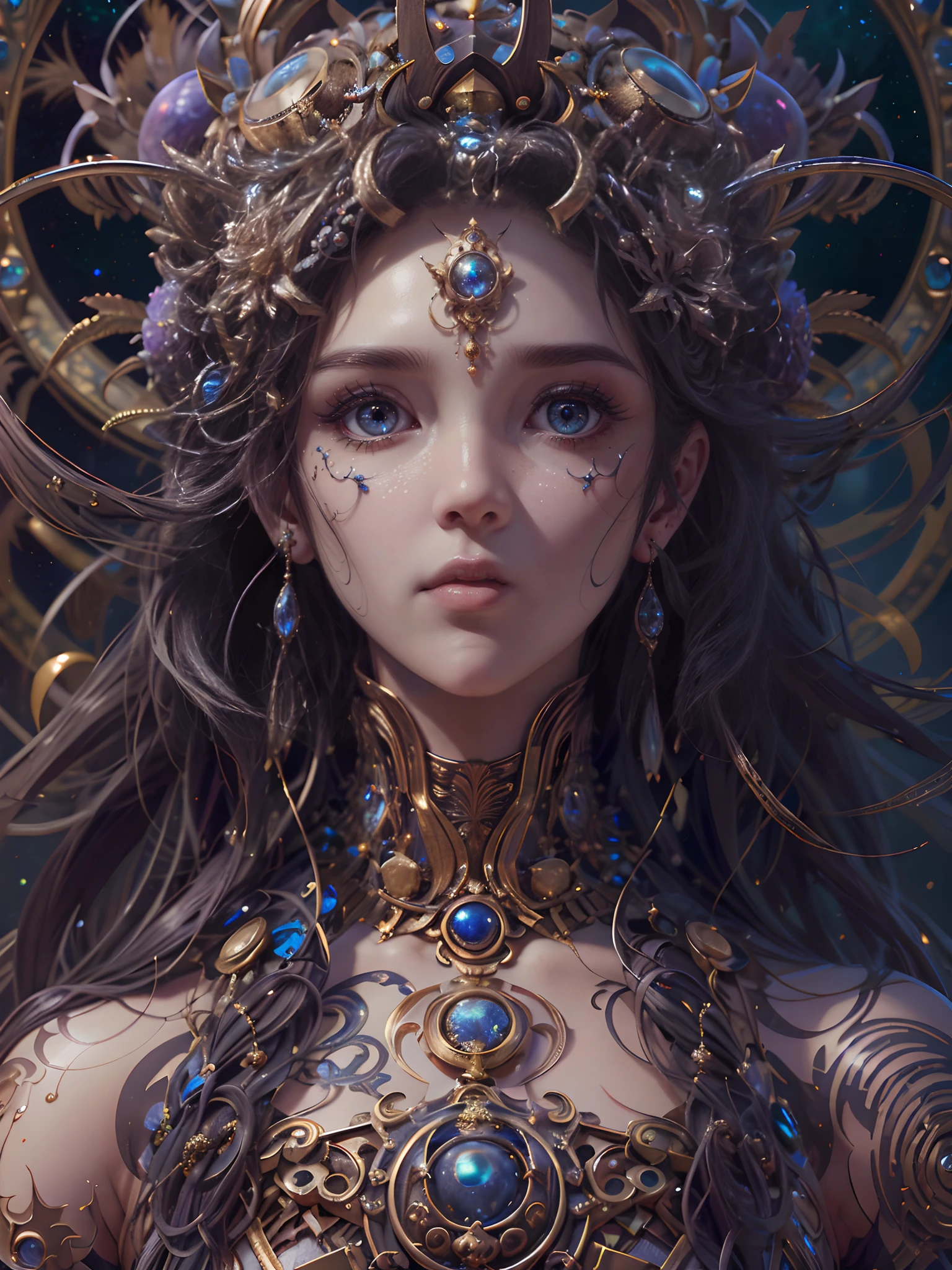 beautiful mouth,(best qualtiy,ultra - detailed,Most Best Illustration,Best shadow,tmasterpiece,A high resolution,professionalartwork,famousartwork),Detailed eyes,beautidful eyes,closeup cleavage,sci-fy,colored sclera,Robot eyes,face markings,Tattooed with,(fractalized,Fractal eyes),largeeyes,Wide eyes,(Eye focus),sface focus,Cosmic eyes,Space eyes,Close-up of metal sculpture of a woman with a moon in her hair,goddes。extremly high detail,3 d goddess portrait,Extremely detailed footage of the goddess,a stunning portrait of a goddess,Side image of the goddess,portrait of a beautiful goddess,Full body close-up portrait of the goddess,hecate goddess,portrait of a norse moon goddess,goddess of space and time