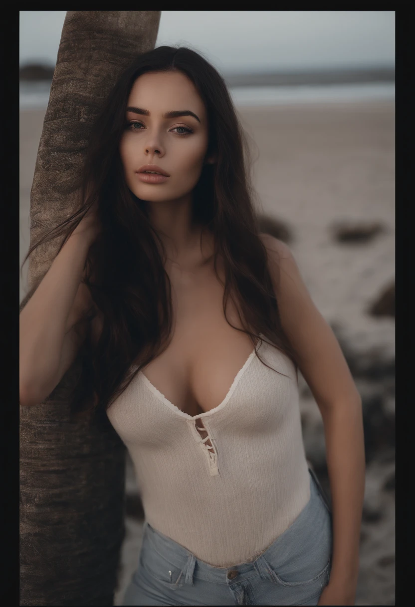 arafed woman with small bikini, sexy girl with brown eyes, big tits and boobs, portrait sophie mudd, black hair and large eyes, selfie of a young woman, bedroom eyes, violet myers, without makeup, natural makeup, looking directly at the camera, face with artgram, subtle makeup, stunning full body shot, at the beach , cleavage , with the sea for background