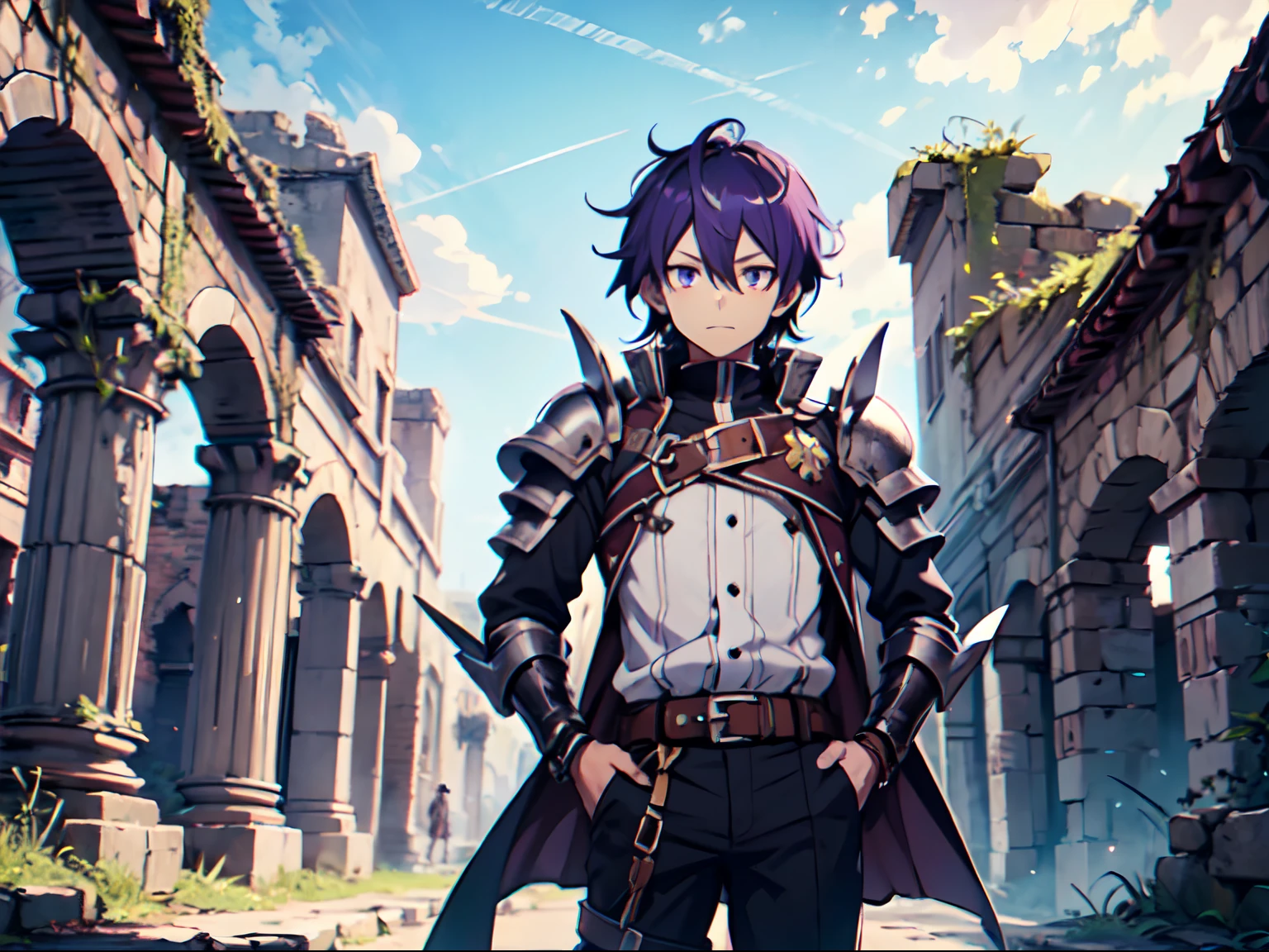 Ultra High Definition, Ultra High Quality, Extremely Detailed, 8k, 1 Boy, Rudeus Greyrat From Mushoku Tensei Anime, Handsome, Armored With War General Armor, Pure Purple Pupil Eyes, Long Haired Tied With Chinese Hairpin, Body To Legs Body Shot, Ancient Ruins Background,