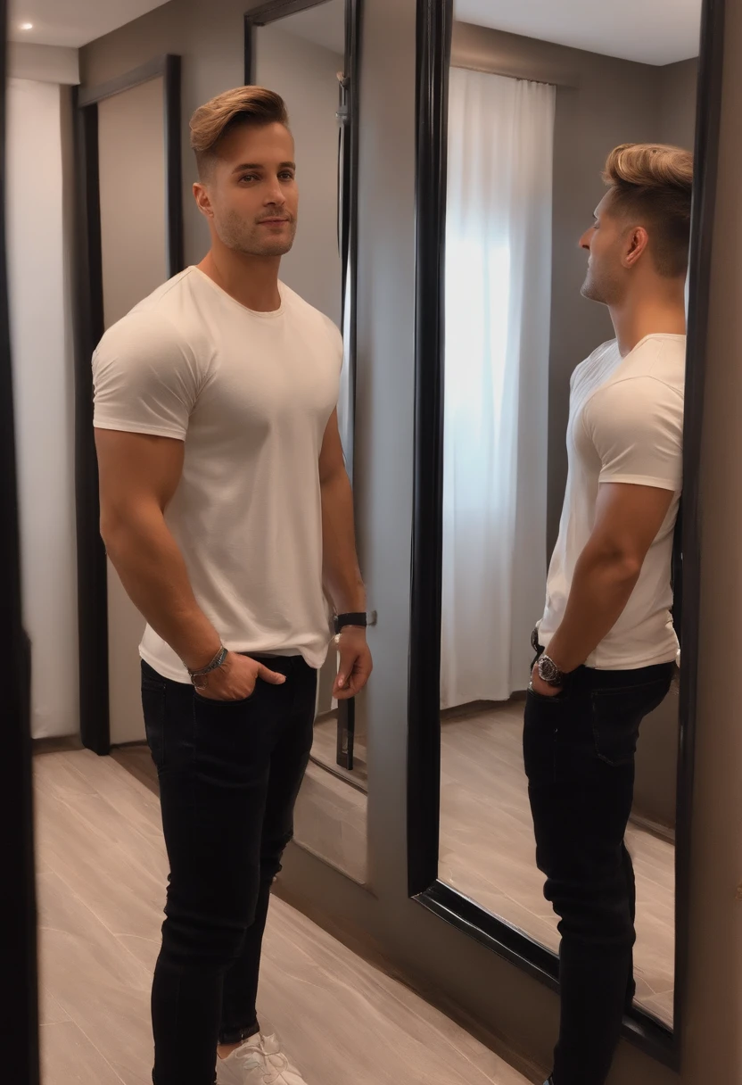 A cute boy taking a picture of himself in the mirror, wearing pants and a t-shirt, in a hotel hallway, standing in front of a mirror, wearing a fisher 🧥, standing in corner of room, mirror selfie, in the style of sifu 🔥 😎 🕹️ 👀 :2, big mirrors, wearing a dark shirt and jeans