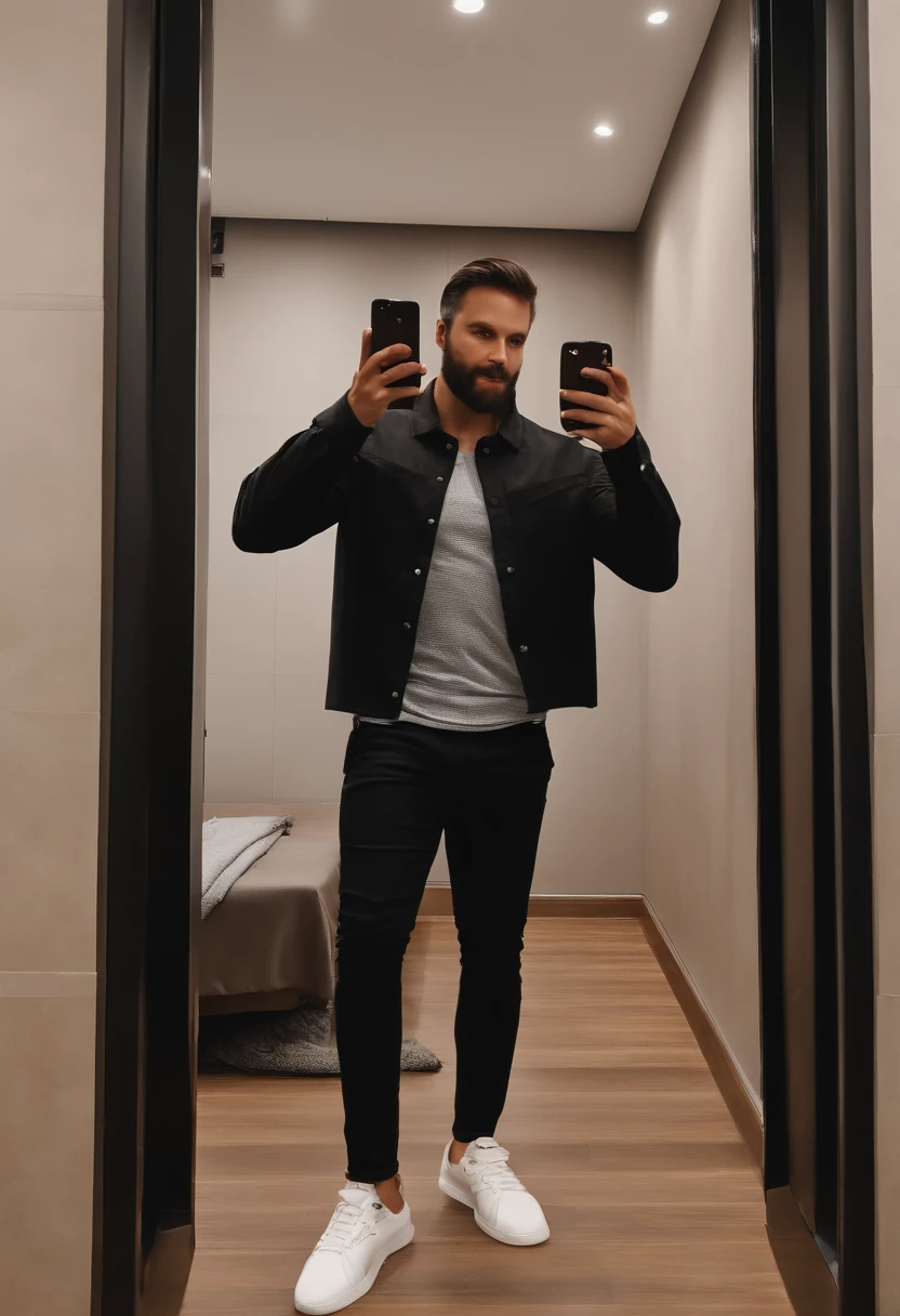 A cute boy taking a picture of himself in the mirror, wearing pants and a t-shirt, in a hotel hallway, standing in front of a mirror, wearing a fisher 🧥, standing in corner of room, mirror selfie, in the style of sifu 🔥 😎 🕹️ 👀 :2, big mirrors, wearing a dark shirt and jeans