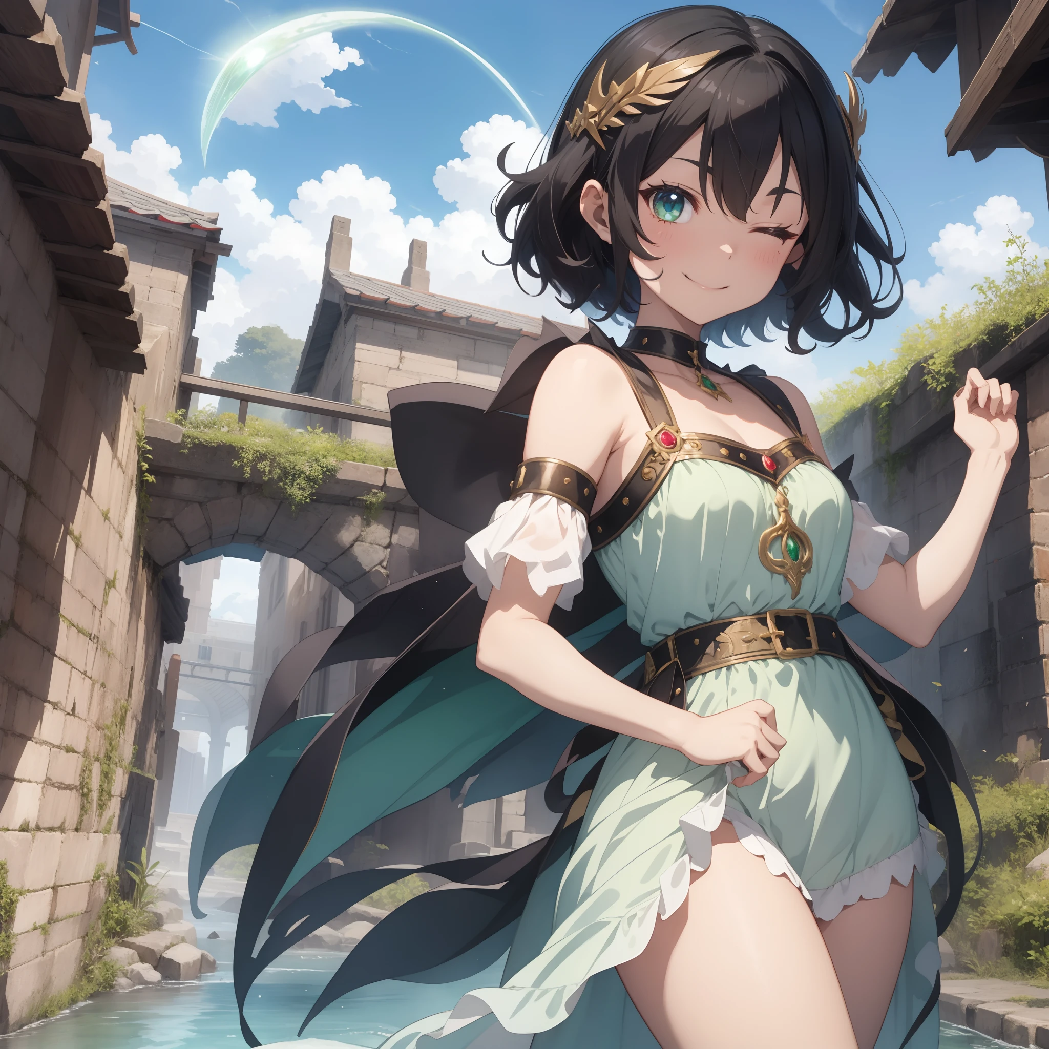 Ancient ancient civilization, detailed and esoteric machines that can't be reproduced now, emerald crystal clear eyes, light green shoulder strap long dress, the dress is studded with several red ruby gems, anime girl, smiling, thick Eyebrows, hairstyle that shows forehead, gold circlet, one eye closed, mischievous smile, jet black wings, short hair - curly hair, fairy tale world, smooth anime CG art, bulging chest, beautiful luster, watercolor painting