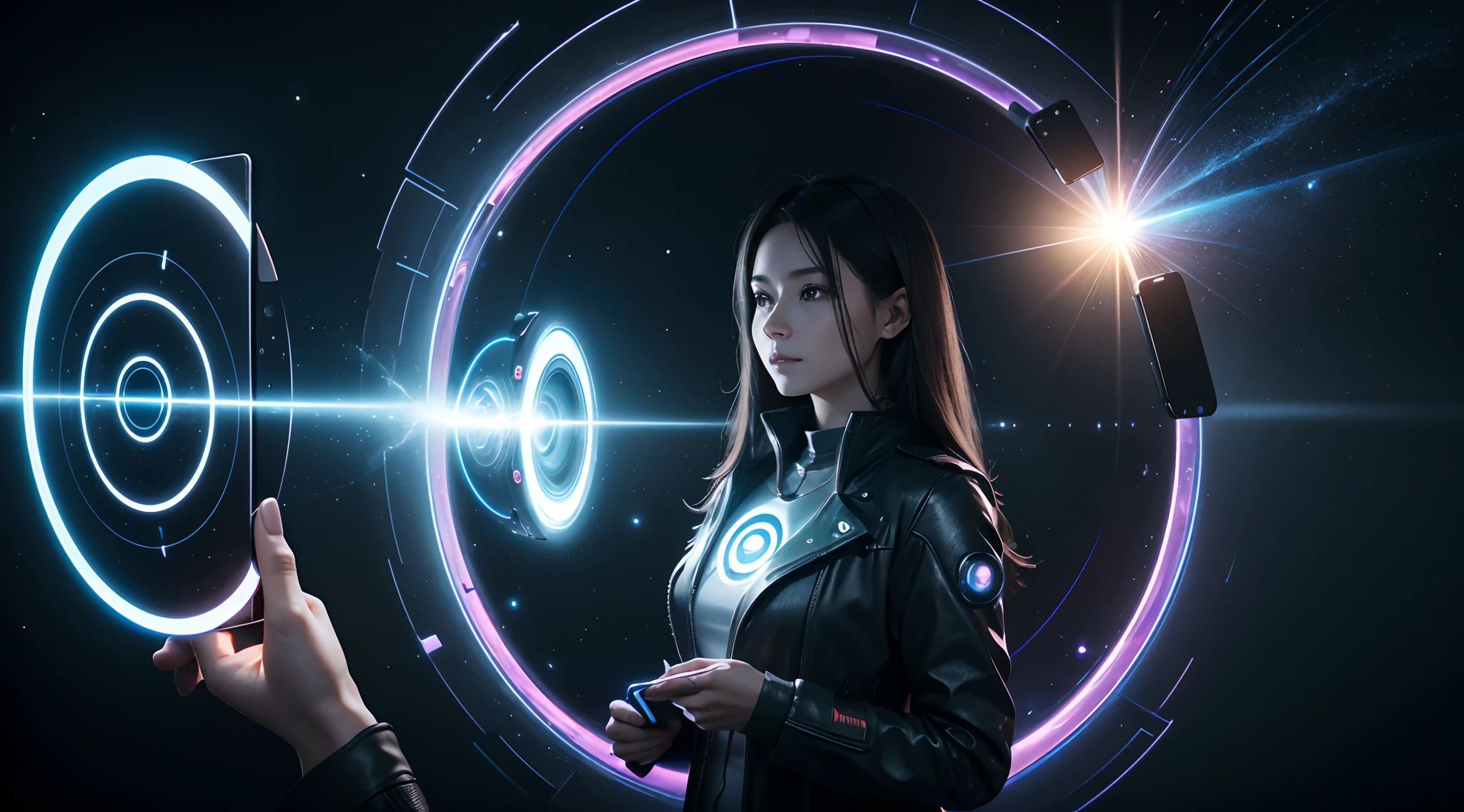 A smartphone woman in her hand Controls the ignition of a dimensional portal. Smartphone futuriste, application du futur, 5G, voice control, portails entre les dimensions, Passerelle vers un autre univers, Portal to the Ethereal Kingdom(8k, Hdr, futuriste, Realstic)