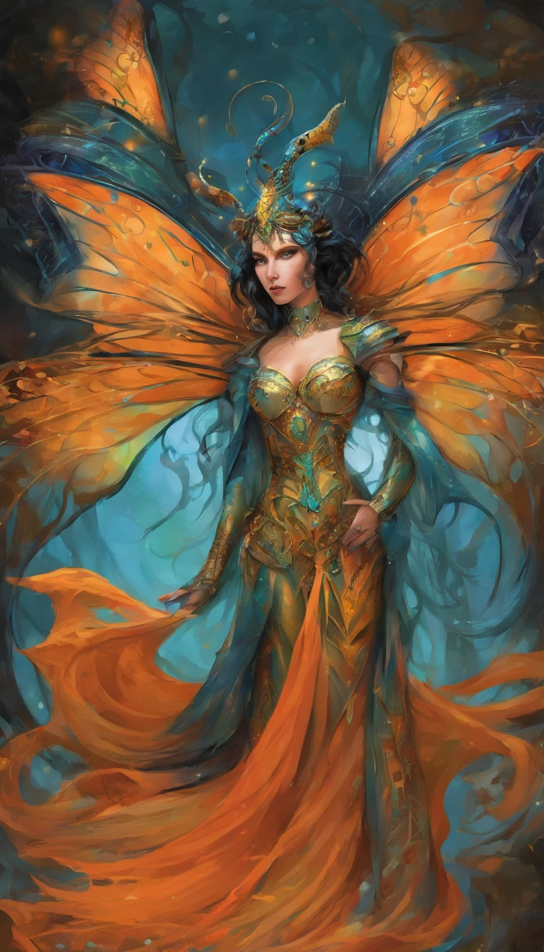 mantis queen, insect features, butterfly wings, four eyes, glowing eyes, jewel-tone armored dress, blue skin, alien face, iridescent shading, schwarzes Haar mit Pferdeschwanz, der mit einem gelben Band befestigt wird, hellblaue Augen, (Black Tribal Costume) (Schwarze Stulpen mit orangefarbener Hervorhebung) their pupils are equal to those of lizards, light blue round lenses, Schwarze Kleidung. (Schwarzer Drachenschwanz 0.6)