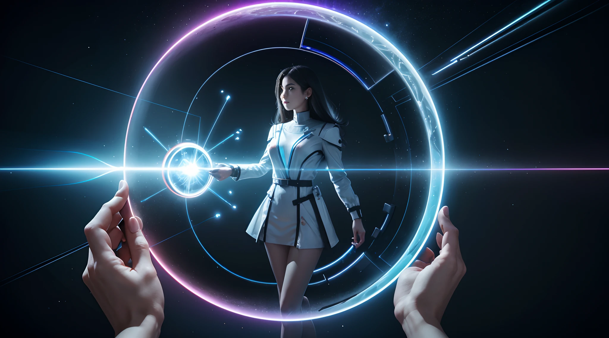 A smartphone woman in her hand Controls the ignition of a dimensional portal. Smartphone futuriste, application du futur, 5G, voice control, portails entre les dimensions, Passerelle vers un autre univers, Portal to the Ethereal Kingdom(8k, Hdr, futuriste, Realstic)