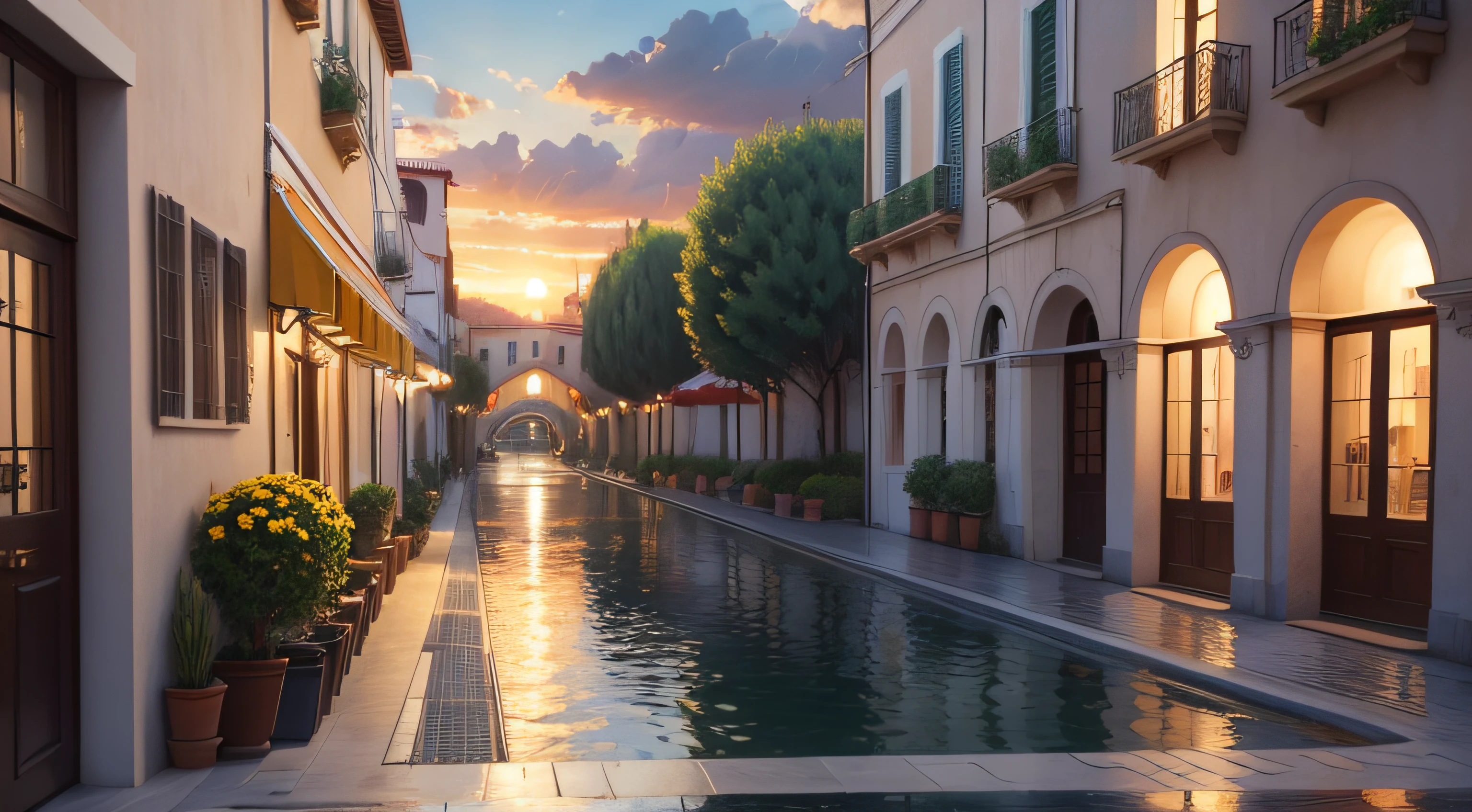 Oil painting of a sunset in a Mediterranean city by the sea, con muchas flores y sin personas, La tarde es lluviosa se alcanza a ver el sol, Elegant atmosphere, muchos detalles, Render Lumion 8K, Renderizar la arquitectura del motor irreal, muchos detalles, Yellow cinematic lighting in warm tones, Image in the style of an impressionist oil painting, Muchá, Manet Cézanne.