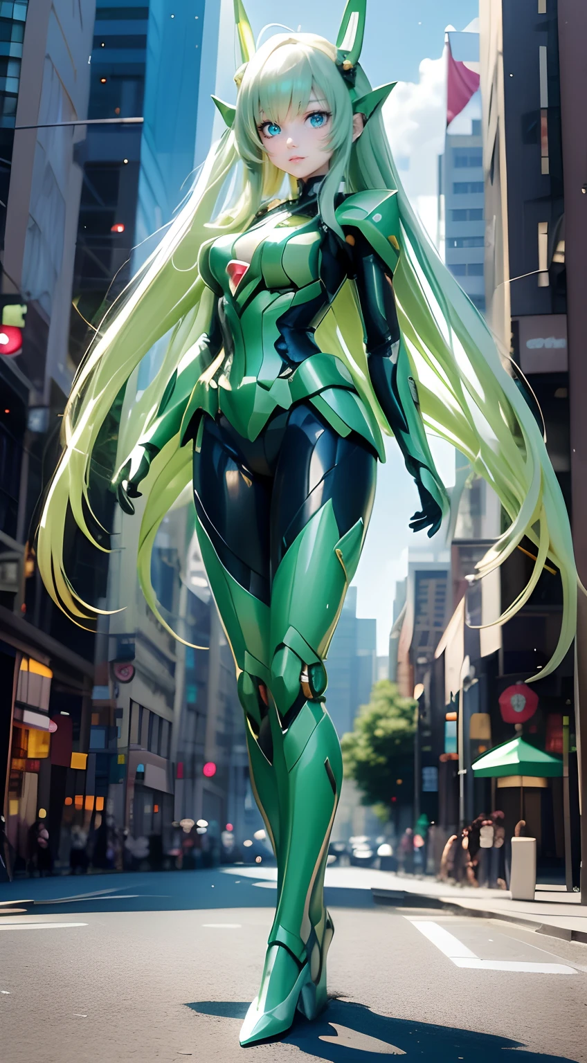 Green,Gundam girl elf, beautiful shining clear eyes, full body,city background