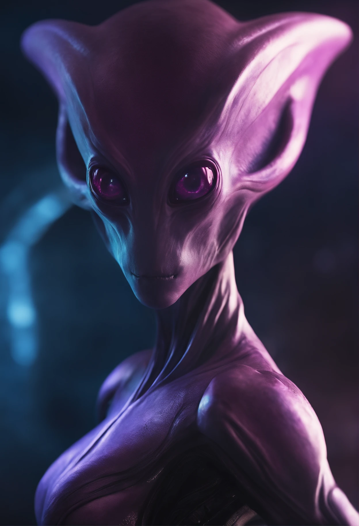 A blue alien with an elongated head of light, olho, nariz grande, pequeno, Slender body enter a starship wearing a realistic futuristic alien suit, a hyper-detailed alien, pink and purple and alien, alien looking, space alien Ete-Grey , Portrait of a large alien pupil Almond Exotic alien Pink Portrait of a humanoid alien, An alien, alien portrait, Hybrid alien Long-headed affectionate alien, futuristic alien features. ( Detalhes borrados do navio futurista)
