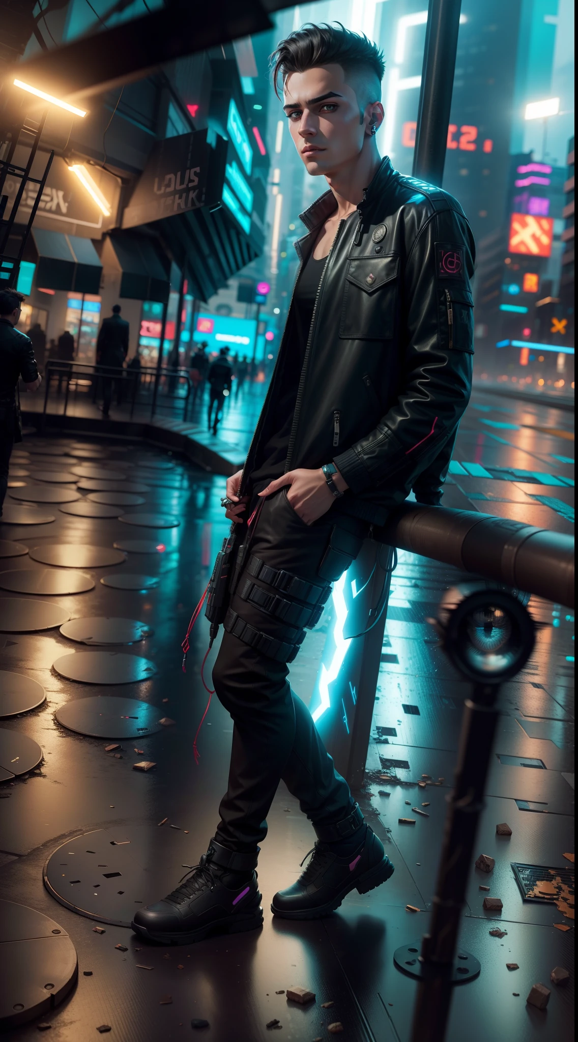 Change background cyberpunk handsome boy, realistic face. 8k, ultra realistic