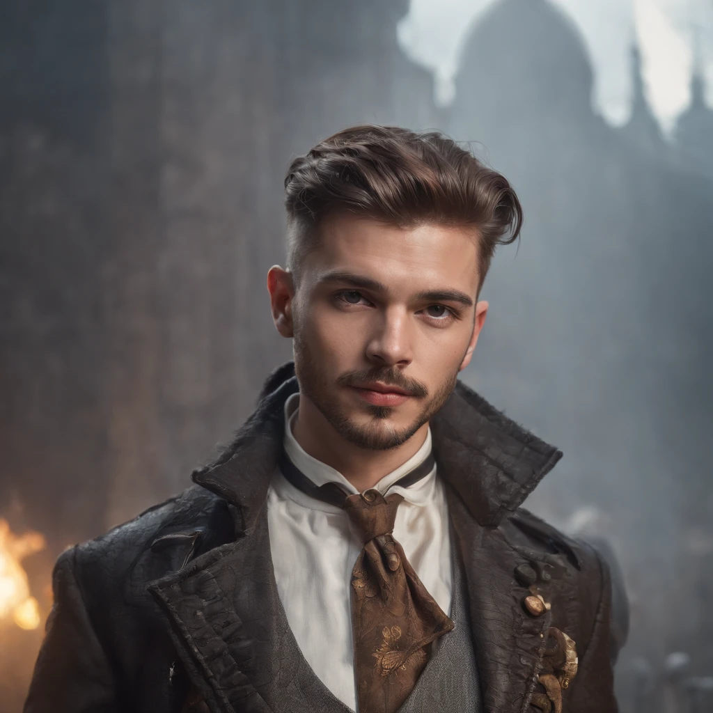 obra maestra, realista Masculino Guapo Caballero steampunk, Hombre hipster,  ellegant apuesto hombre con barba y bigotes de estilo, Front camera pose, Retrato completo, edad media, smiiling, Traje ellegante, Sombrero de copa, Estilo steampunk,  Arte digital 8K, Hombre pecador tatuado, Retro futurista, punk, machine, Retro, Vapor de engranajes, Gafas futuristas, fantastic face, hermoso aspecto, cabello detallado, Ultra Enfoque, cara iluminada, Cara detallada, 8K resolution, acuarela, Estilo Razumov. arte de Razumov y Volegov, Hyperrealism Painting Concept Art of detailed character, 8 k resolution blade runner