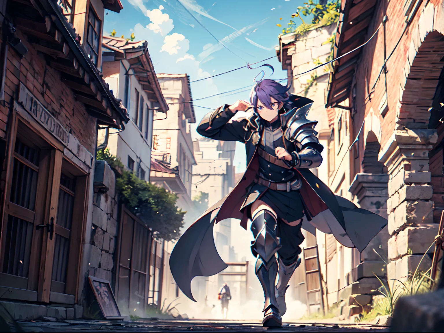 Ultra High Definition, Ultra High Quality, Extremely Detailed, 8k, 1 Boy, Rudeus Greyrat From Mushoku Tensei Anime, Handsome, Armored With War General Armor, Pure Purple Pupil Eyes, Long Haired Tied With Chinese Hairpin, Body To Legs Body Shot, Ancient Ruins Background,