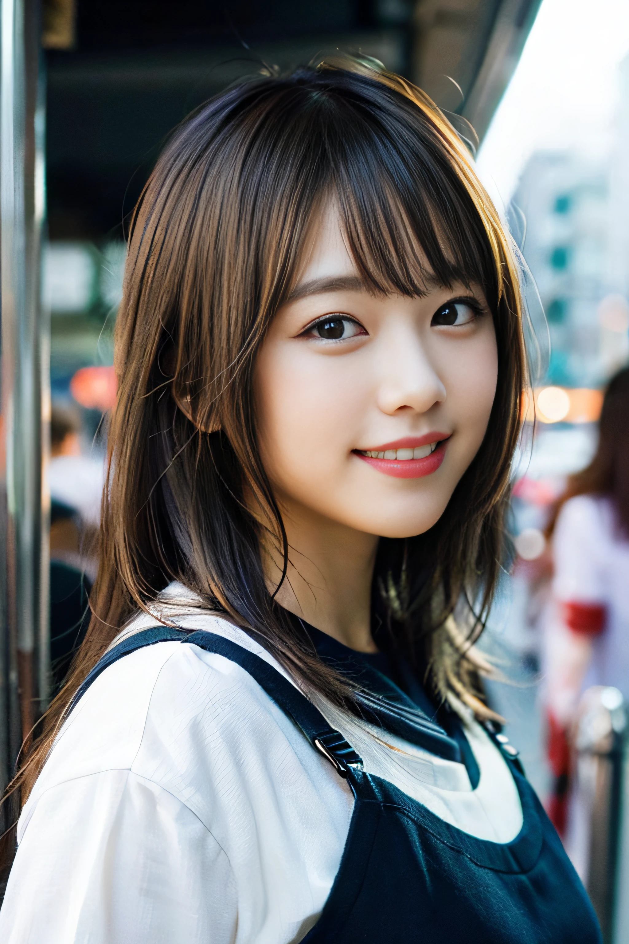 (8K、Raw photography、top-quality、masterpiece:1.2)、(realisitic、Photorealsitic:1.37)、ultra-detailliert、超A high resolution、女の子1人、see the beholder、beautifull detailed face、A smile、Constriction、(Slim waist) :1.3)、Beautiful detailed skin、Skin Texture、Floating hair、Professional Lighting、Whole human body、Longhaire、a blond、japanese hight school uniform、a sailor suit、In the street、Bob Hair、Bus stop、Happy smile、sixteen years old