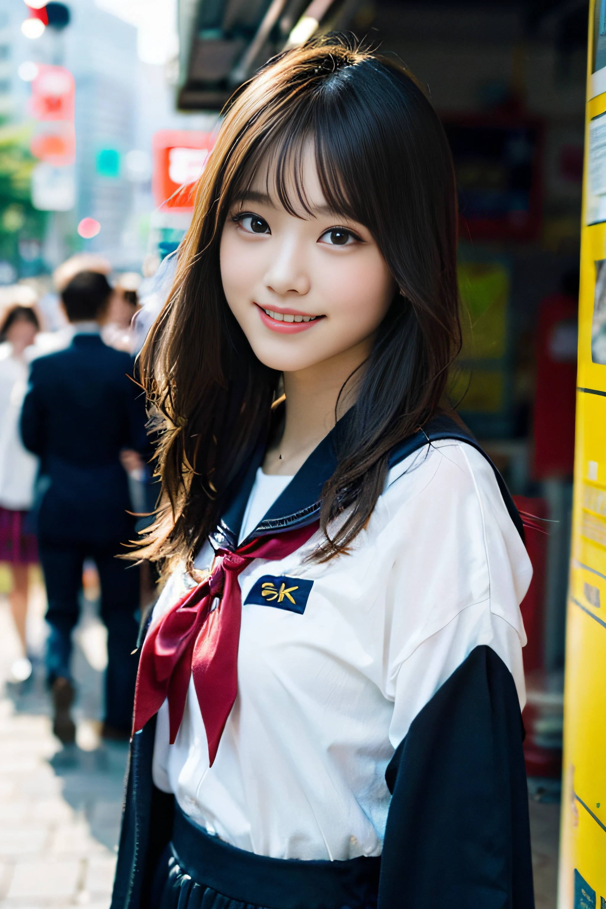 (8K、Raw photography、top-quality、masterpiece:1.2)、(realisitic、Photorealsitic:1.37)、ultra-detailliert、超A high resolution、女の子1人、see the beholder、beautifull detailed face、A smile、Constriction、(Slim waist) :1.3)、Beautiful detailed skin、Skin Texture、Floating hair、Professional Lighting、Whole human body、Longhaire、a blond、japanese hight school uniform、a sailor suit、In the street、Bob Hair、Bus stop、Happy smile、sixteen years old
