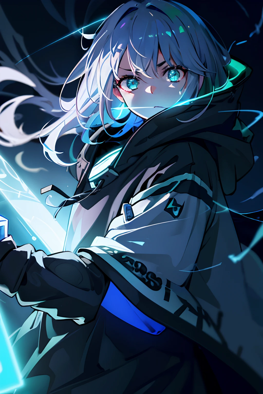 1 Girl in a gray sweatshirt, Hooded Girl, gray hair, gray eyes, shingle, Dark gray lighting, The edges of the hood glow bright blue, Bright stars are visible in the sky, Glowing blue stripes on clothes, A serious look, A lot of small details, hiquality, dark sky, Clean and tidy face, The hood is put on, Clear Eyes, She crossed her arms over her chest, ((((Darkness behind)))), (((Green Lighting))), (((A lot of server blocks at the back ))), Realistic lighting