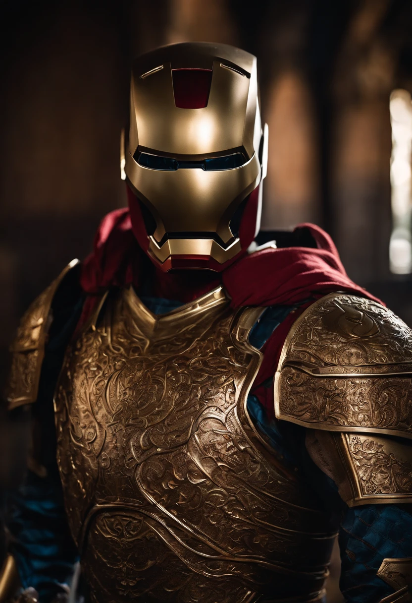 Bill Skarsgård, Iron man armor, medieval armor, realistic shot, ultra sharp focus.